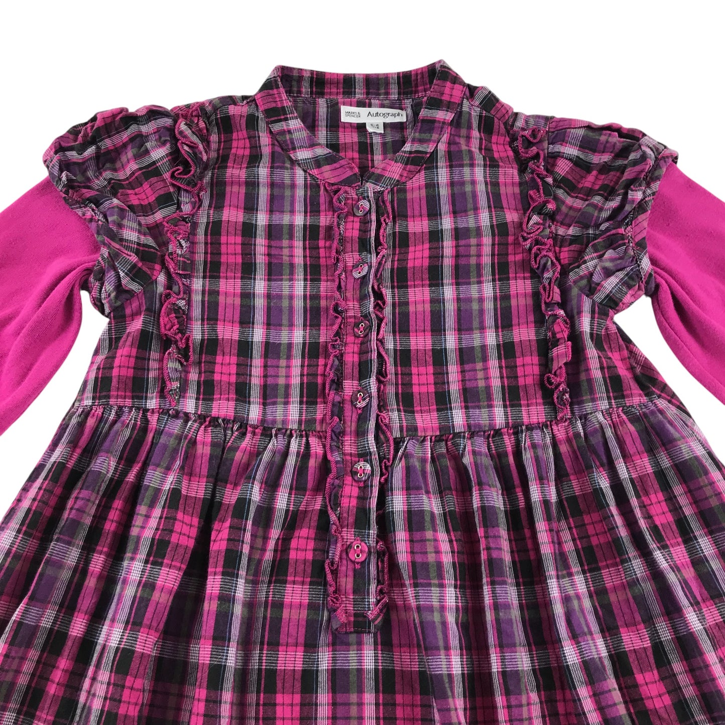 M&S dress 5-6 years pink long sleeve checked pattern frilled hem cotton