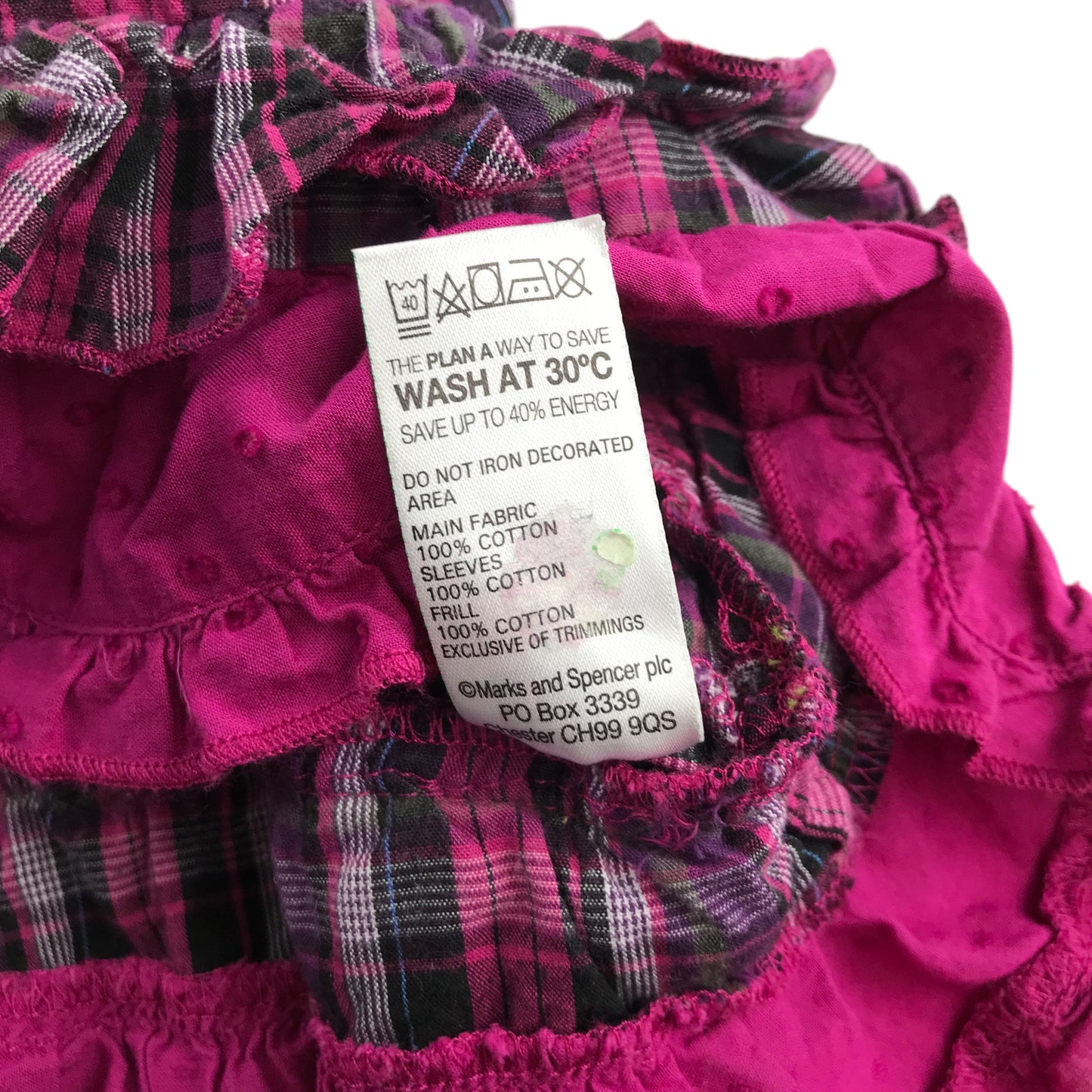 M&S dress 5-6 years pink long sleeve checked pattern frilled hem cotton