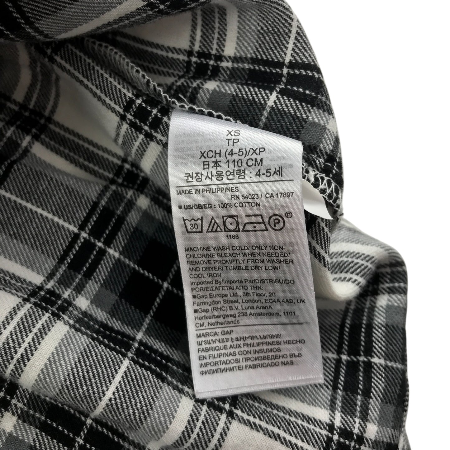 GAP dress 4-5 years black and white checked pattern with long sleeves cotton