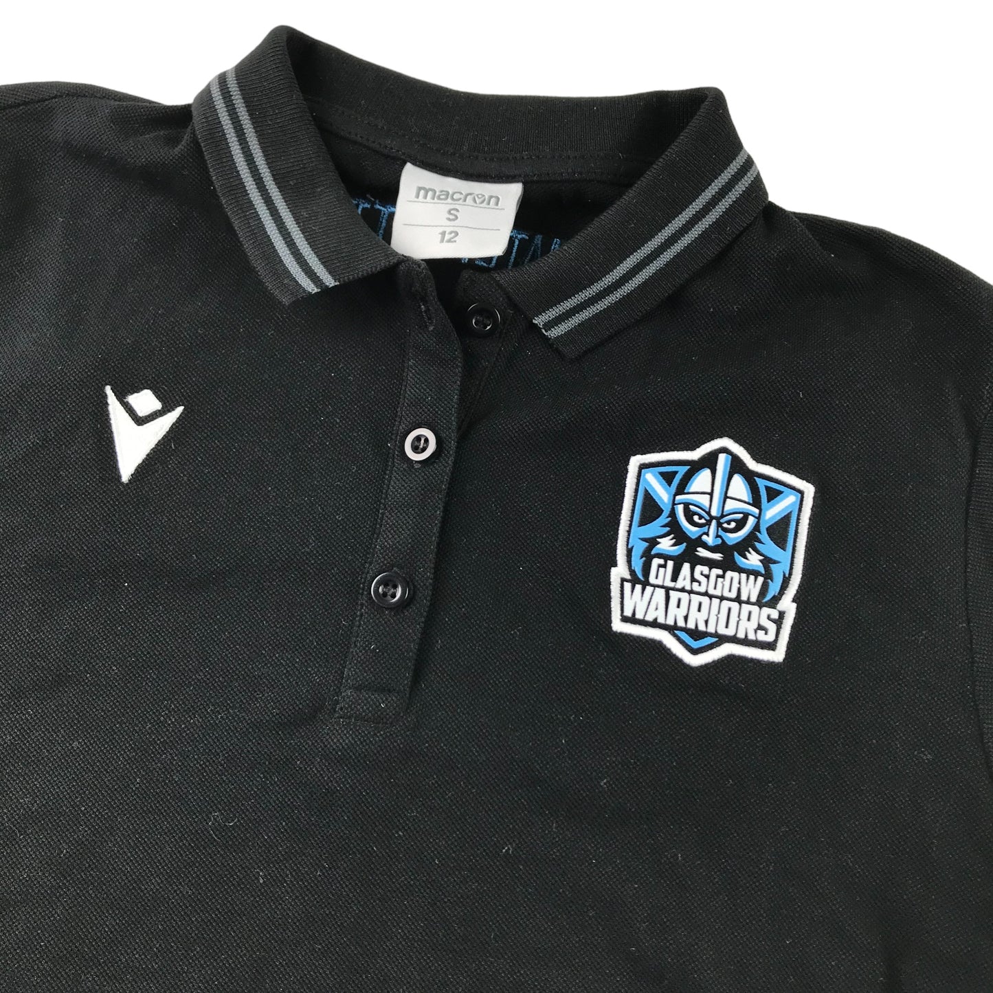 Macron Glasgow Warriors Rugby Polo Shirt Womens Size 12 Black Button Up Neck Short Sleeve Cotton