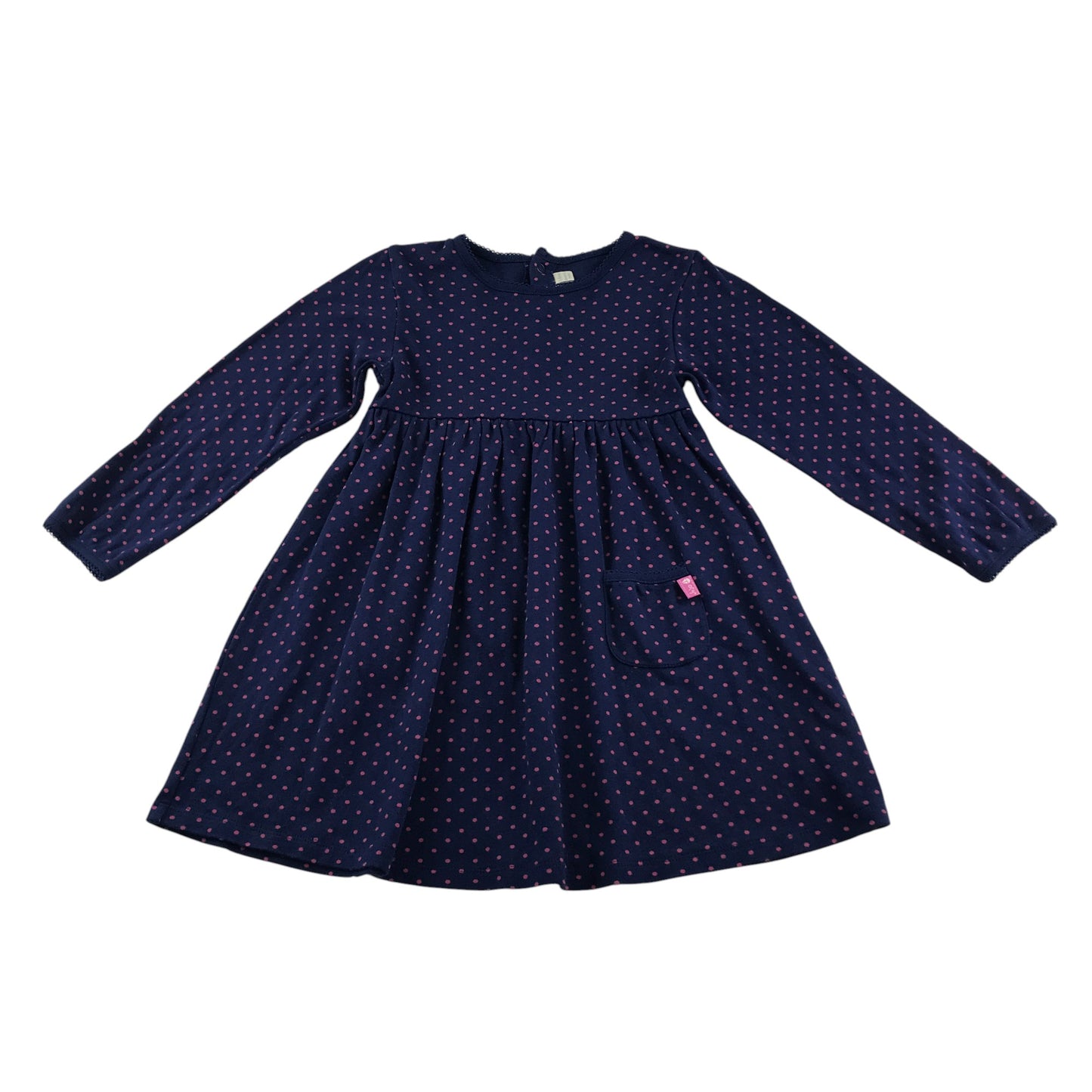 JoJo Maman Behe dress 5-6 years navy with pink polka dots and front picket lace detailing