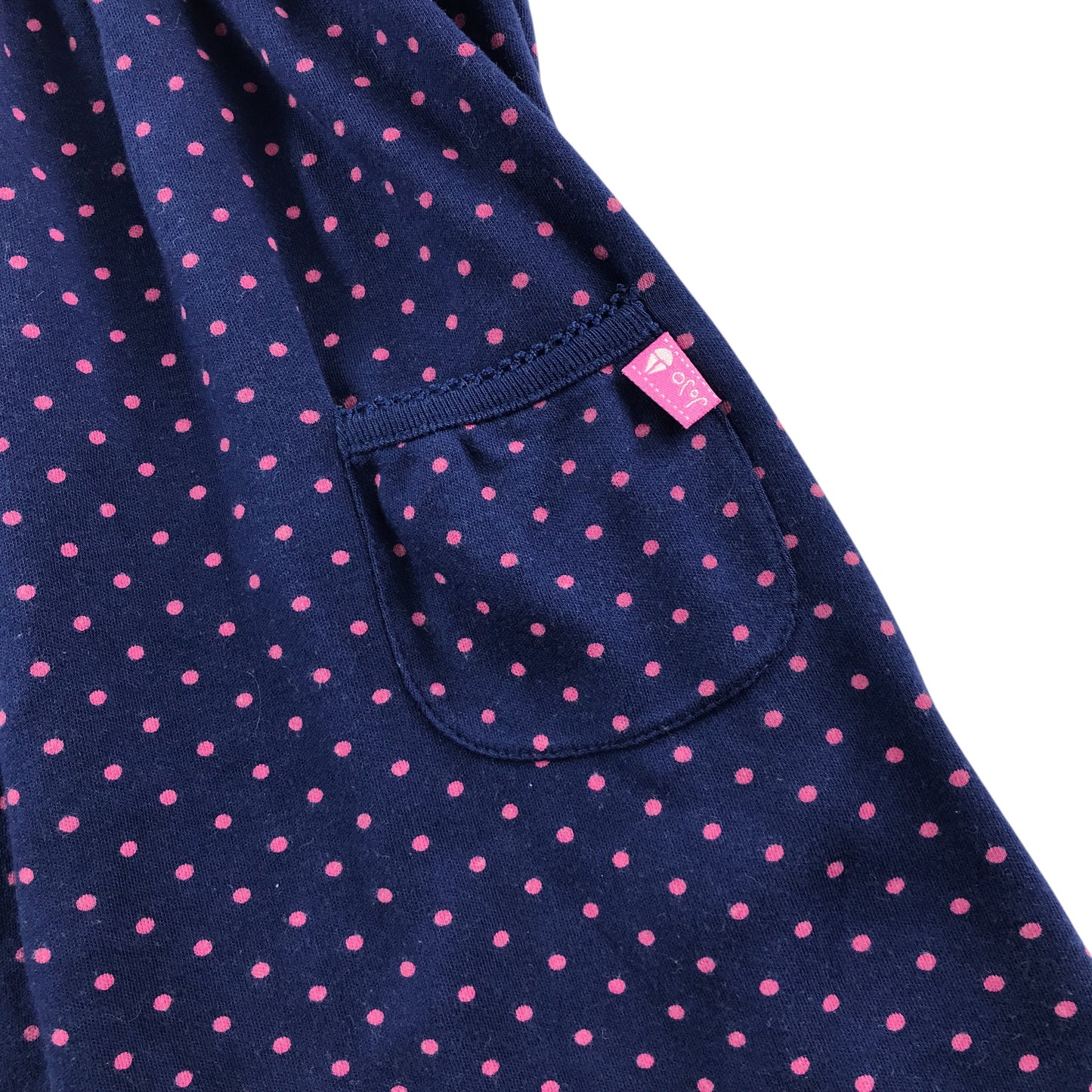 JoJo Maman Behe dress 5-6 years navy with pink polka dots and front picket lace detailing