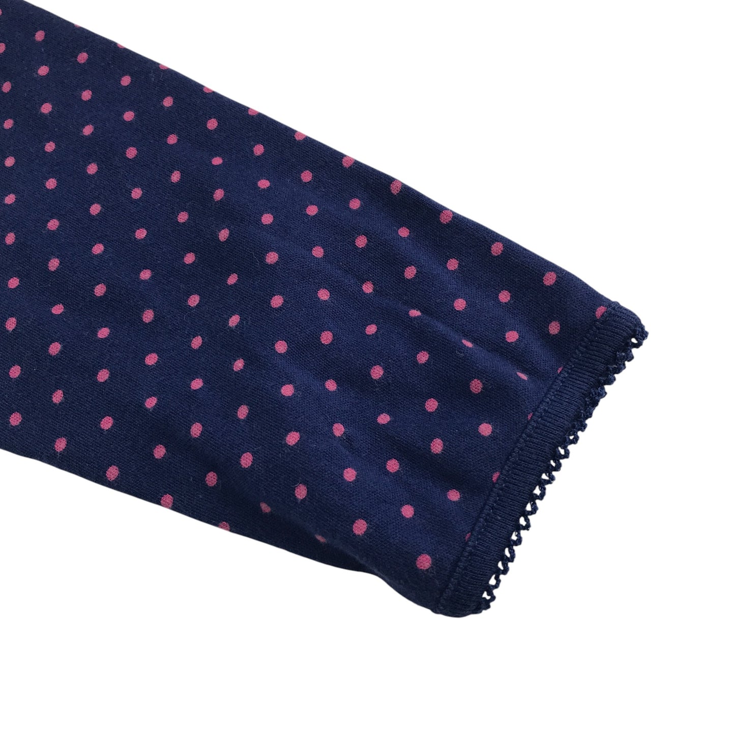 JoJo Maman Behe dress 5-6 years navy with pink polka dots and front picket lace detailing