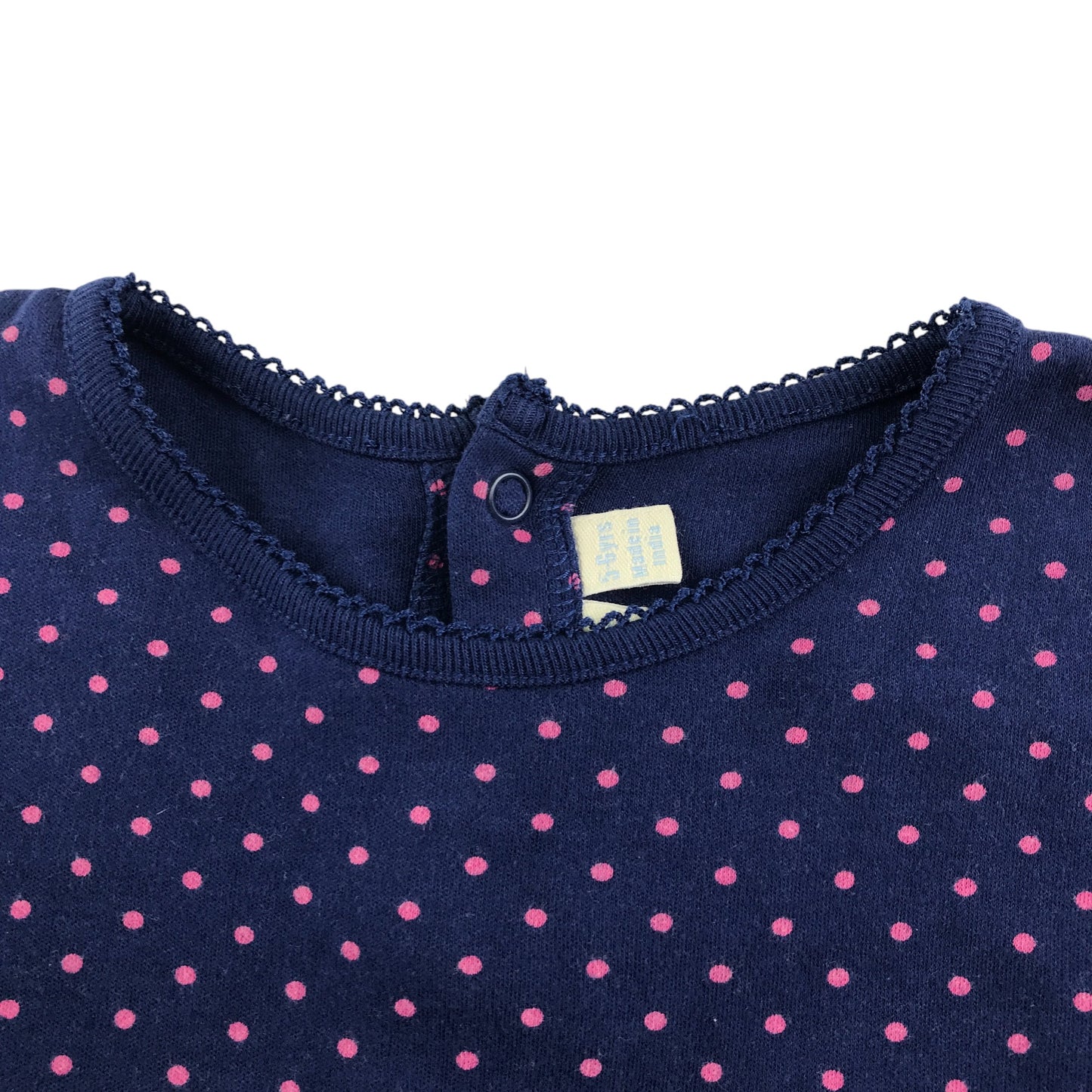JoJo Maman Behe dress 5-6 years navy with pink polka dots and front picket lace detailing