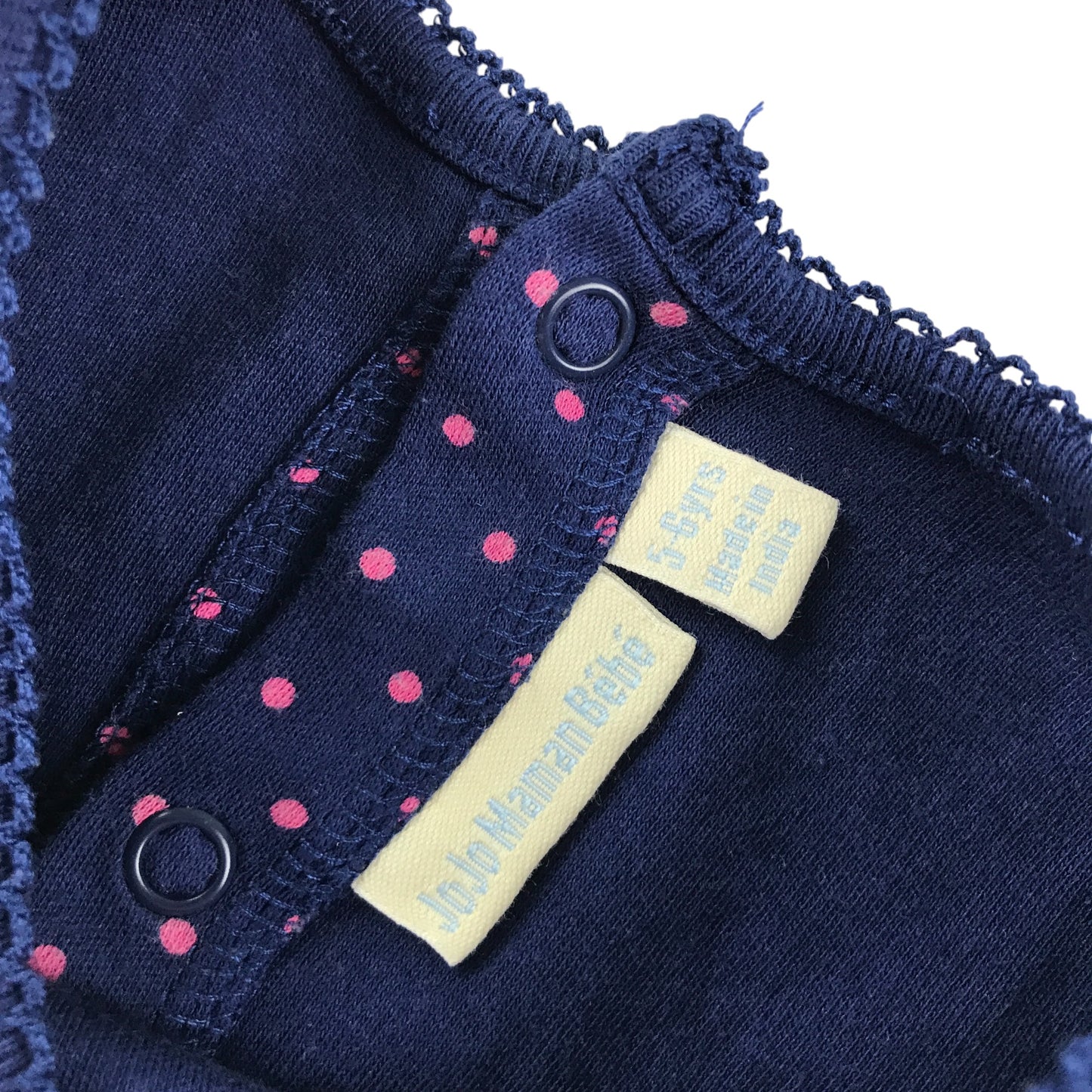 JoJo Maman Behe dress 5-6 years navy with pink polka dots and front picket lace detailing