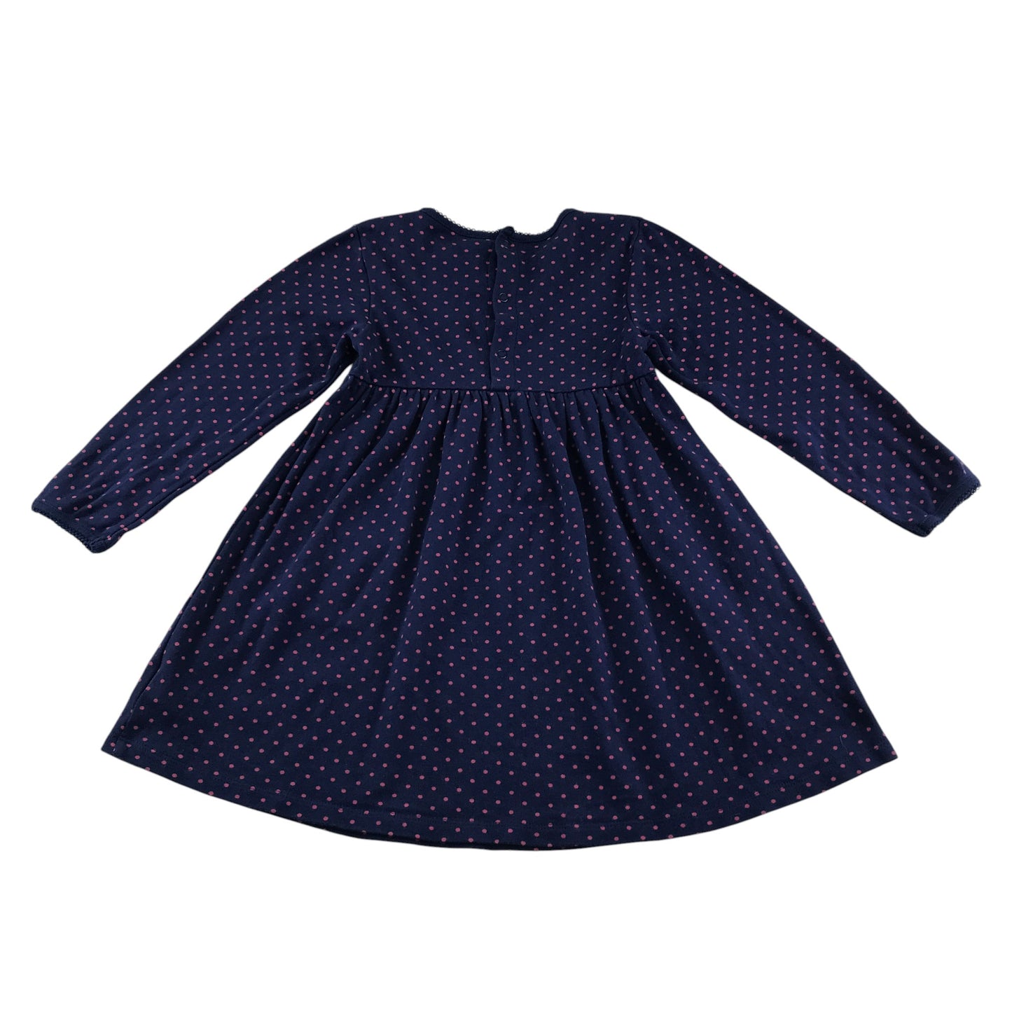 JoJo Maman Behe dress 5-6 years navy with pink polka dots and front picket lace detailing