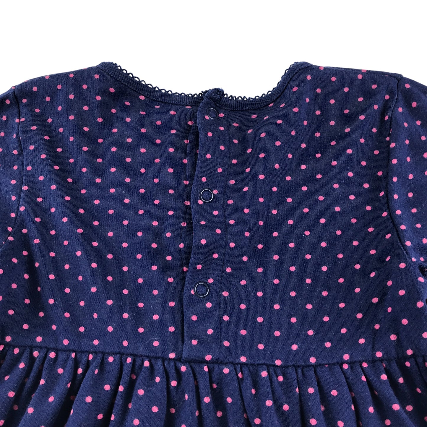 JoJo Maman Behe dress 5-6 years navy with pink polka dots and front picket lace detailing