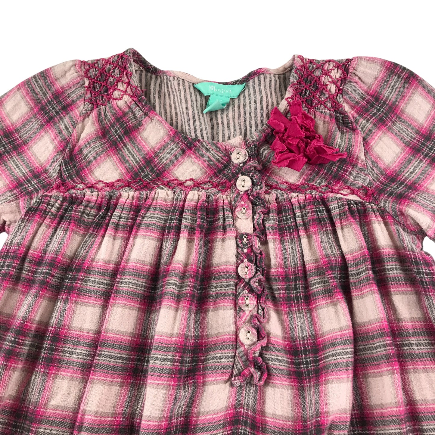 Monsoon dress 9-10 years pink and white checked pattern flared sleeves cotton