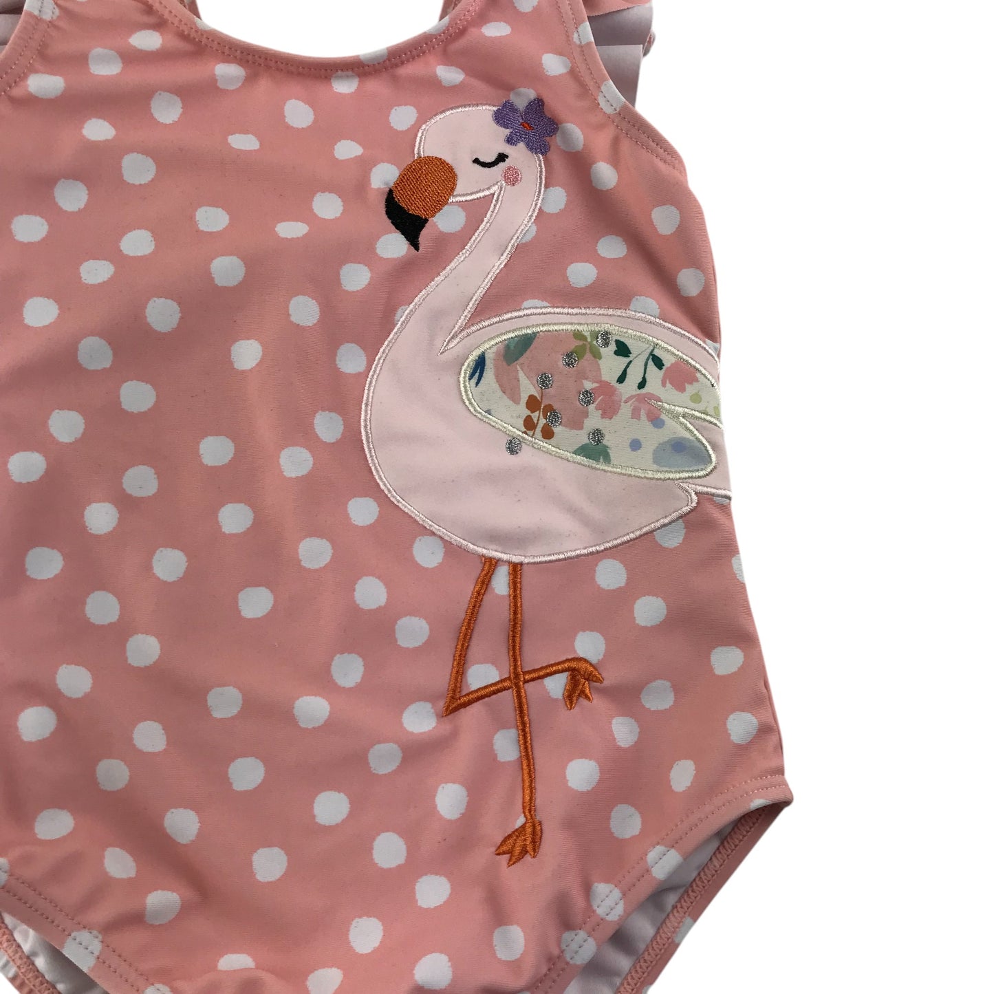 Nutmeg 5-6 years pink polka dot flamingo one-piece cossie