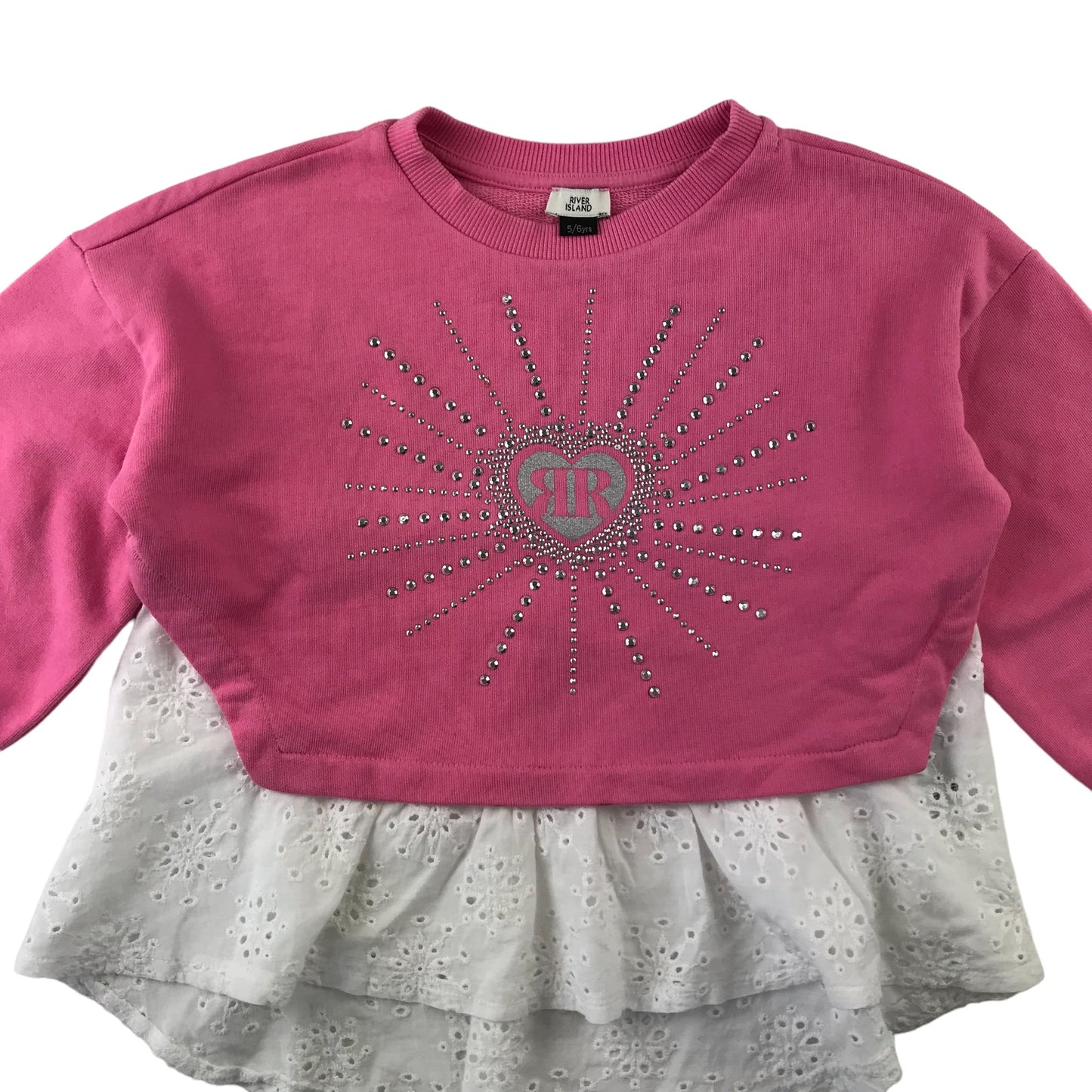 River Island sweater 5-6 years pink baggy arms cropped with white floral underlayer