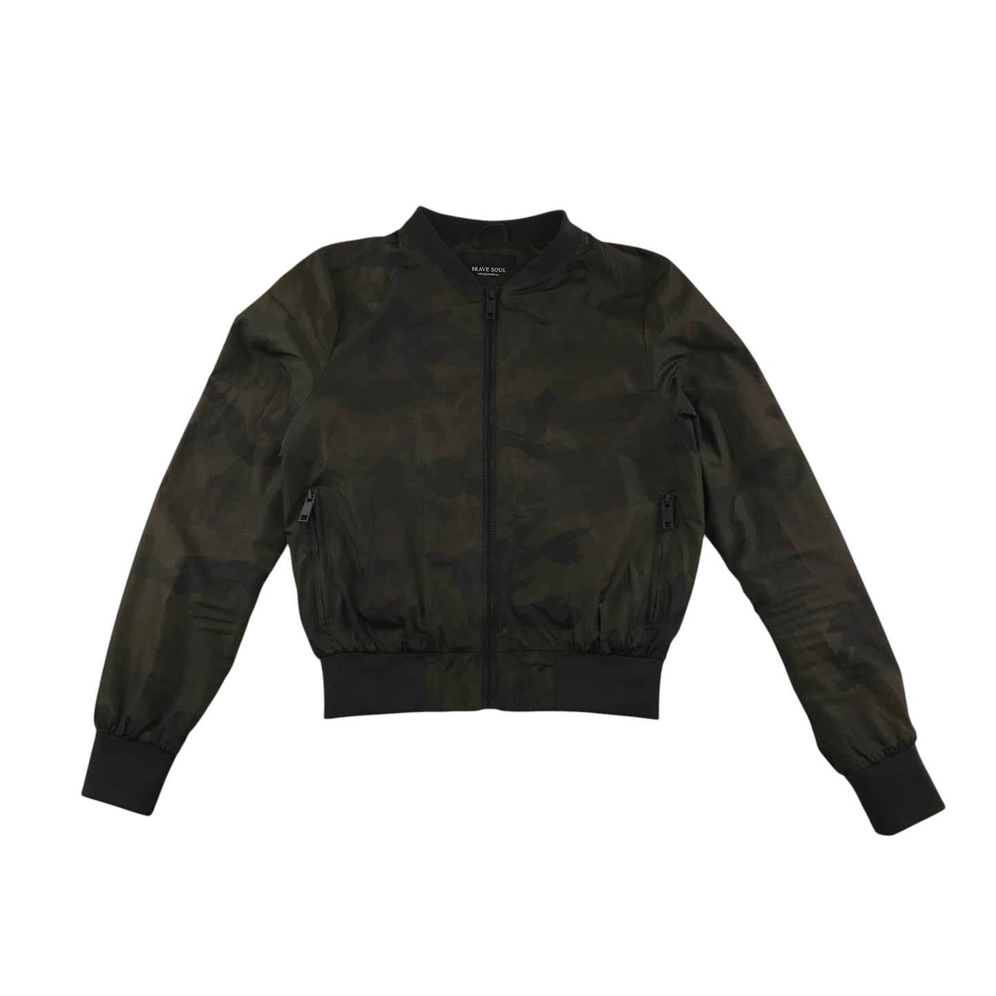 Brave Soul light jacket women's XS dark khaki bomber style cuffed arms and waist camo