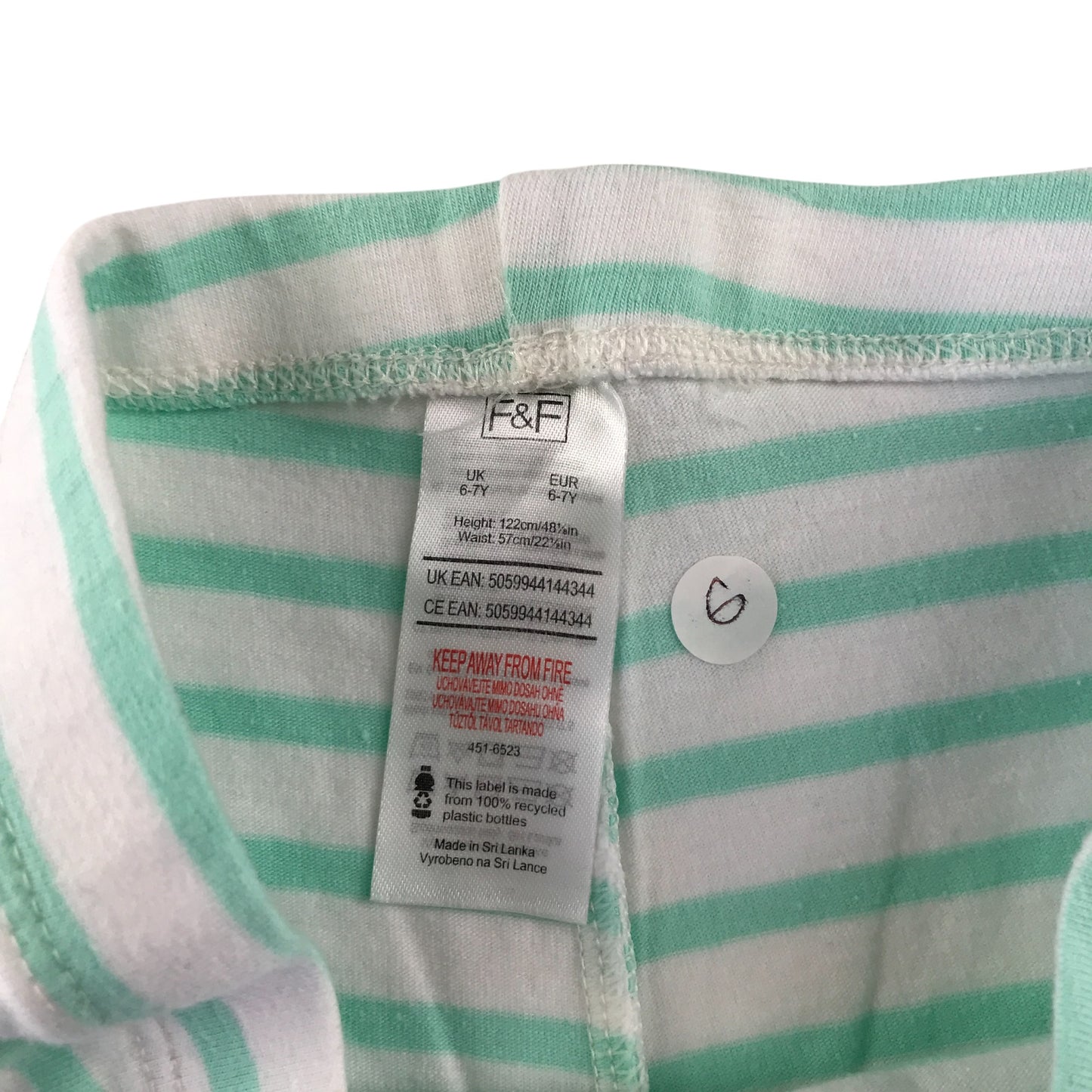 F&F leggings 6-7 years mint and white stripy cropped