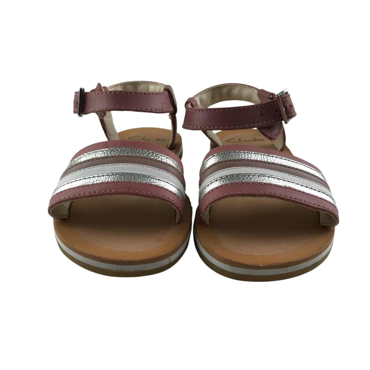 Clarks sandal shoe size 10 junior red clay and sliver straps with brown soles