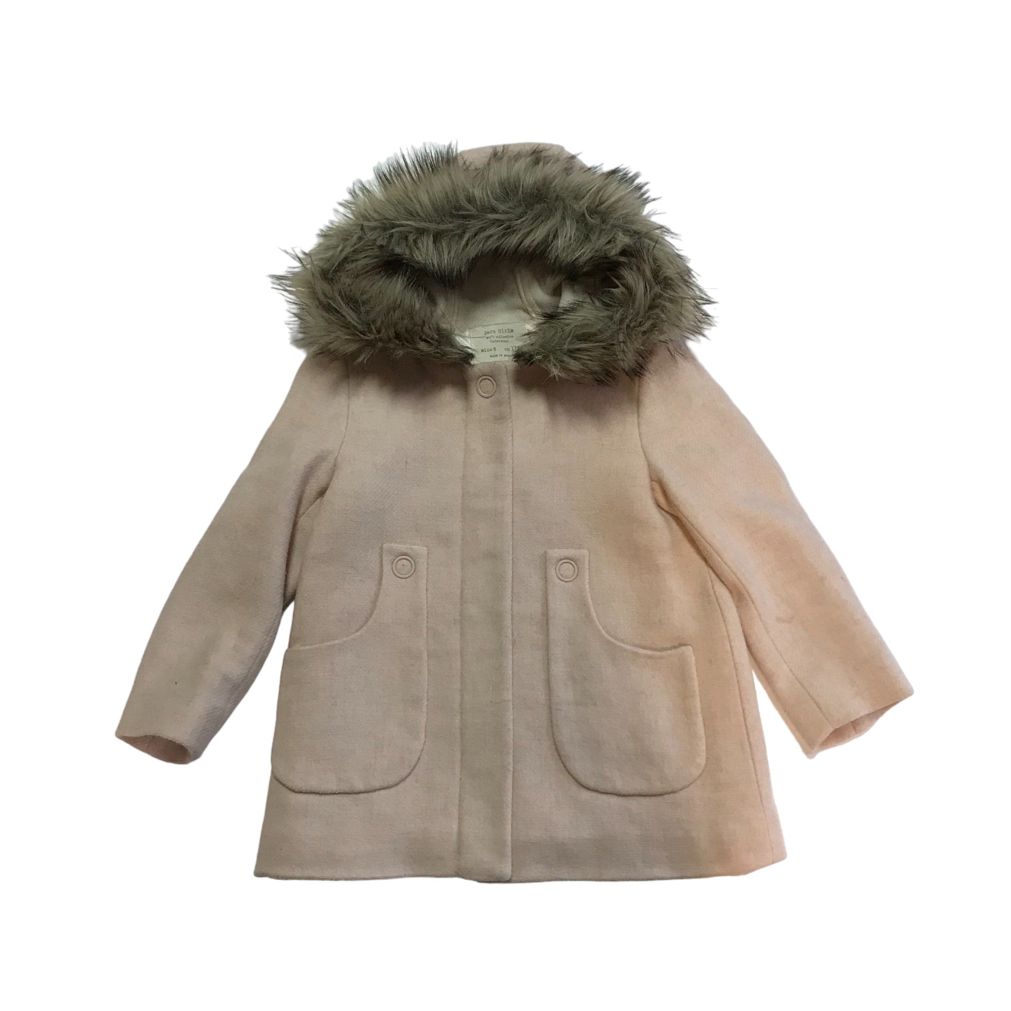 Zara Coat Age 5-6 Light Pink Wool-mix Faux Fur Hood