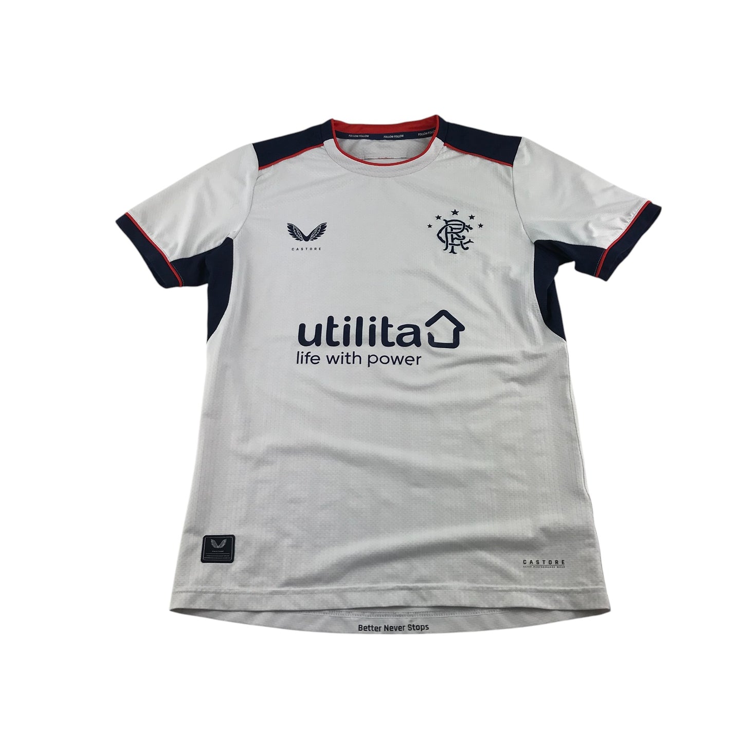 Castore Rangers FC sports top 12-13 years white with navy and red detailing