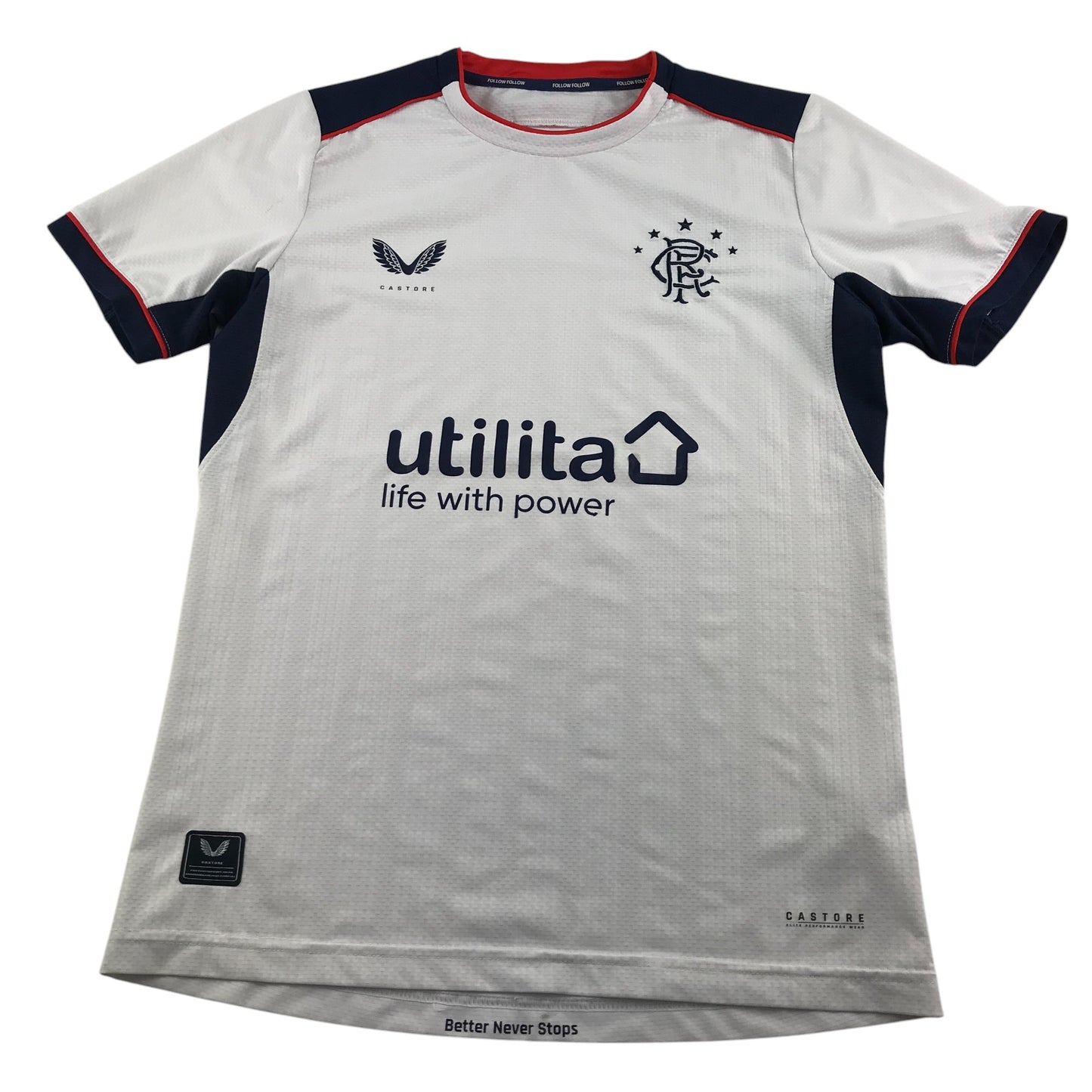 Castore Rangers FC sports top 12-13 years white with navy and red detailing