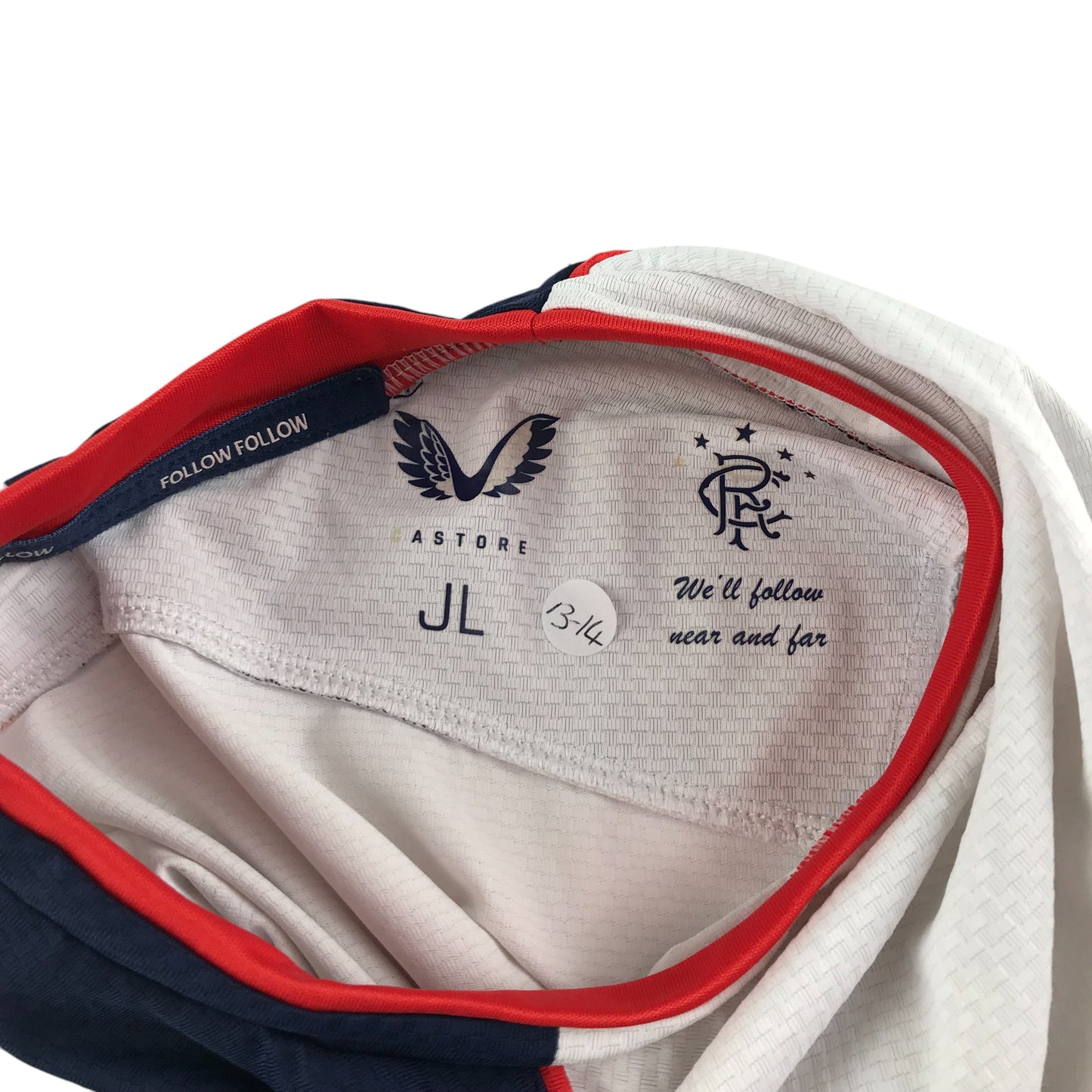 Castore Rangers FC sports top 12-13 years white with navy and red detailing