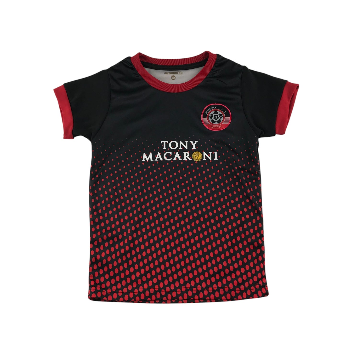 Giffnock SC sports top 5-6 years black and red with logo