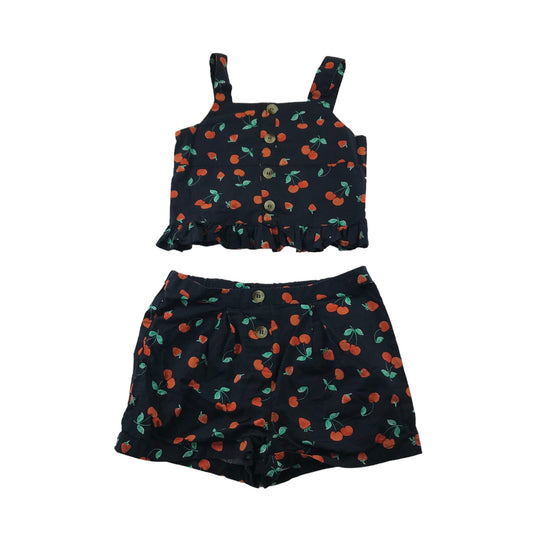 Next Top and Shorts Set Age 8 Dark Navy Strawberry and Cherry Print Pattern Cotton