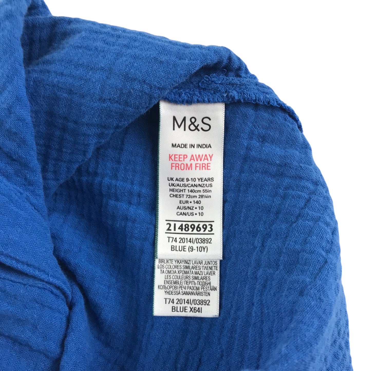 M&S blouse 9-10 years blue plain button up shirt long top length