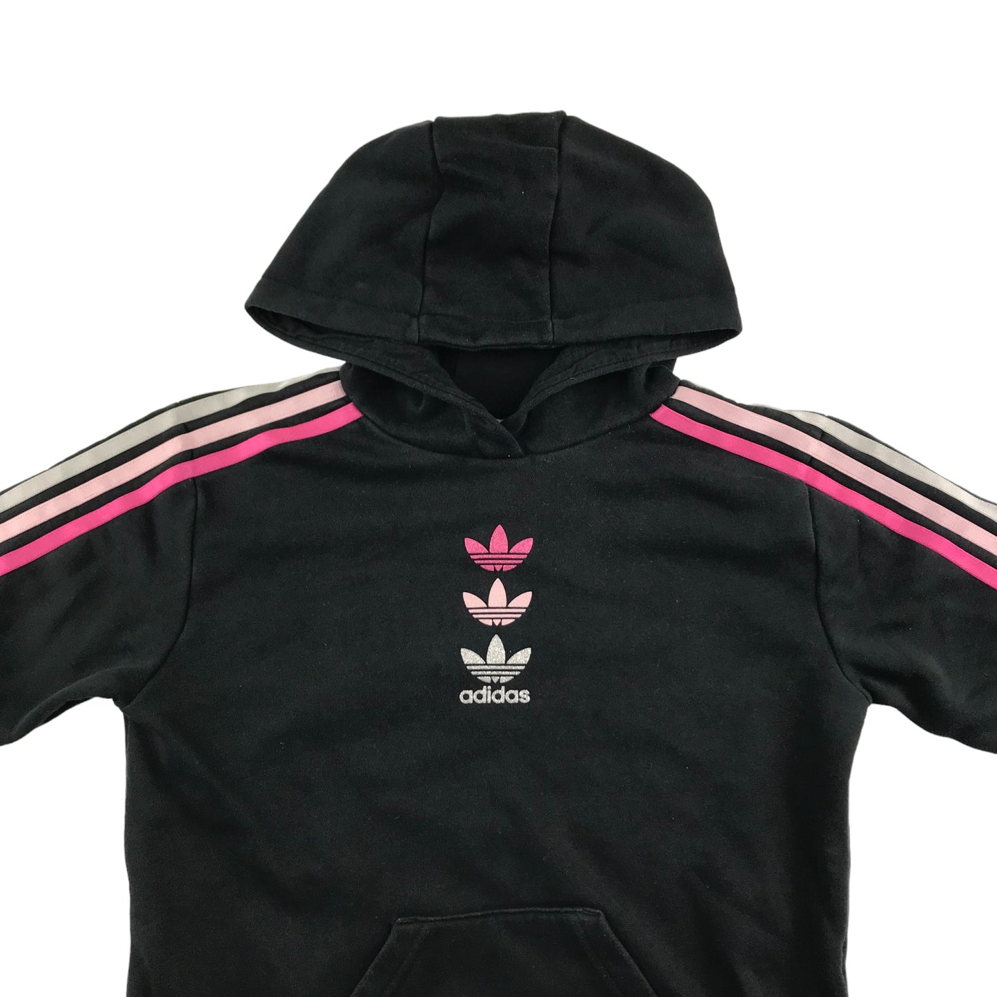 Adidas Hoodie Age 9 Black with Pink Triple Logo and Sleeve Stripes