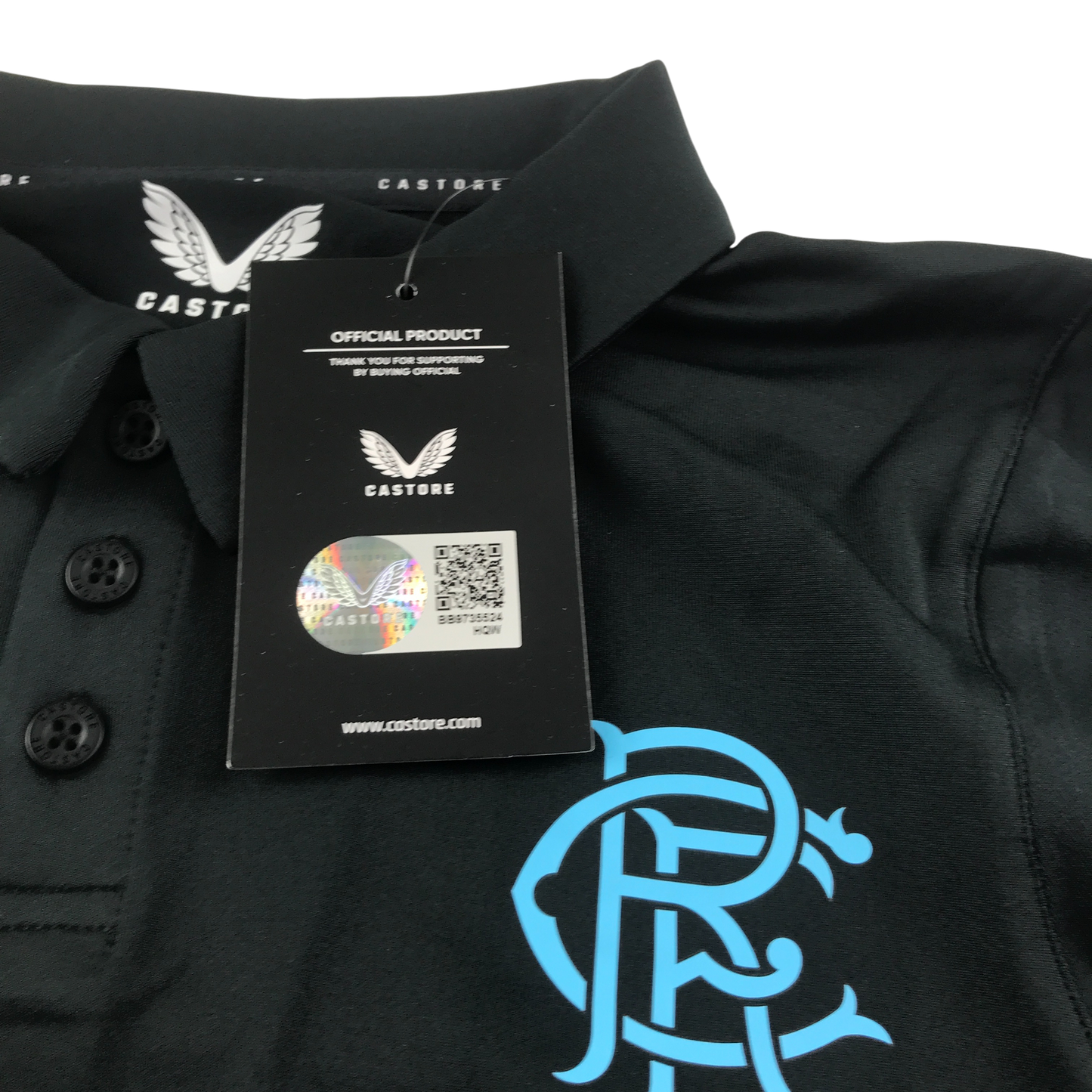 Castore Rangers Polo Shirt Black with Blue Logo