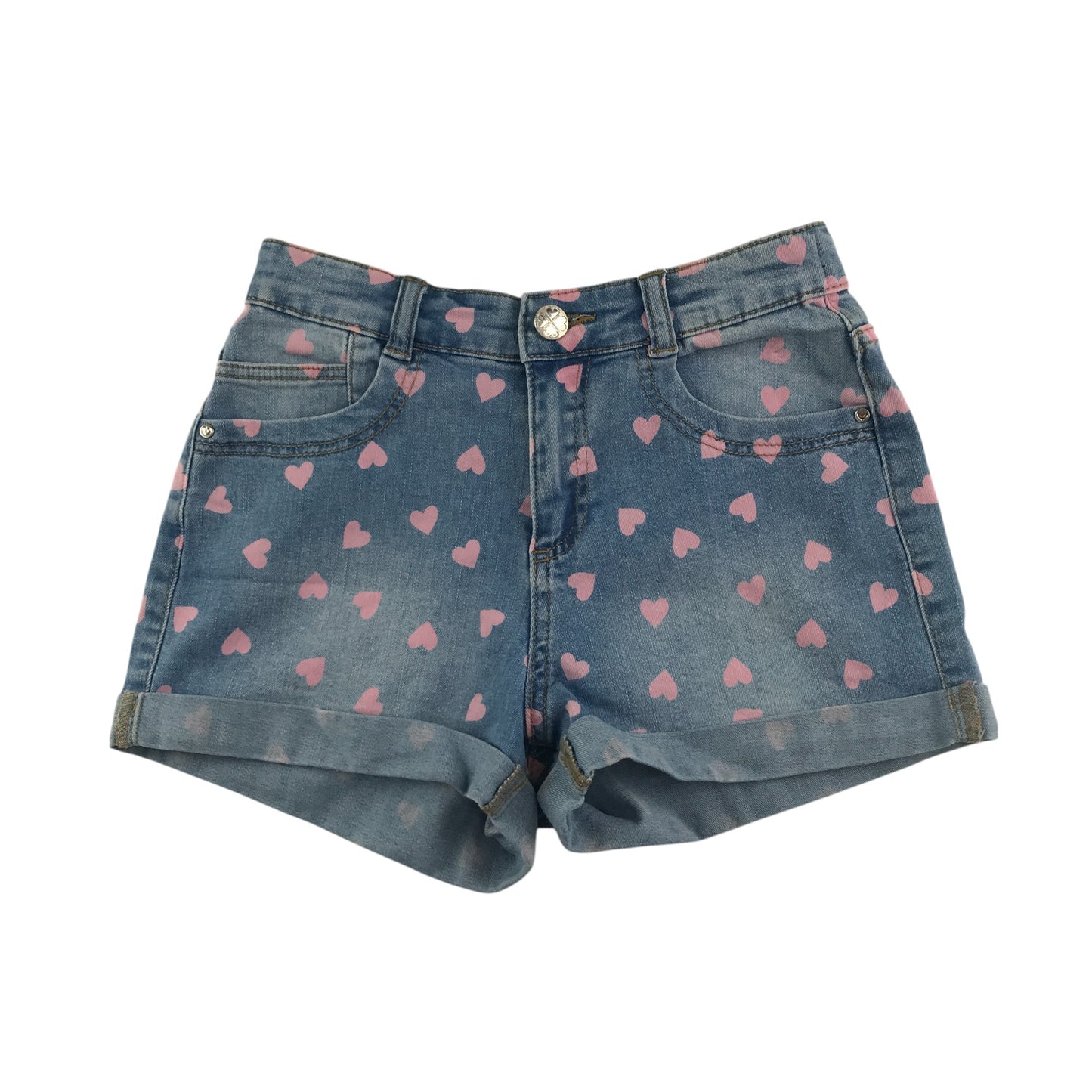 M&S shorts 9-10 years blue denim with pink love heart print