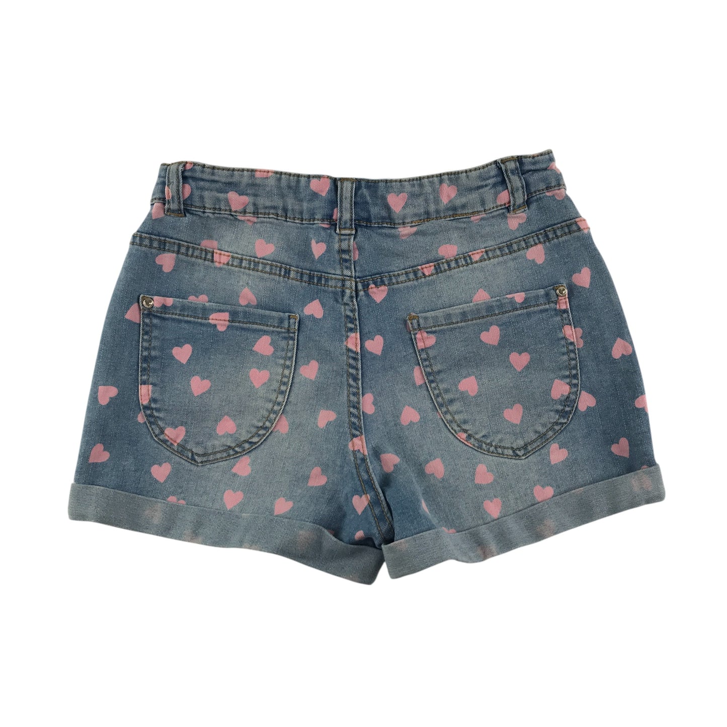 M&S shorts 9-10 years blue denim with pink love heart print