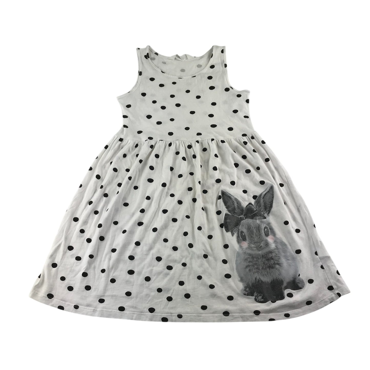 H&M dress 9-10 years white polka dot with rabbit print cotton