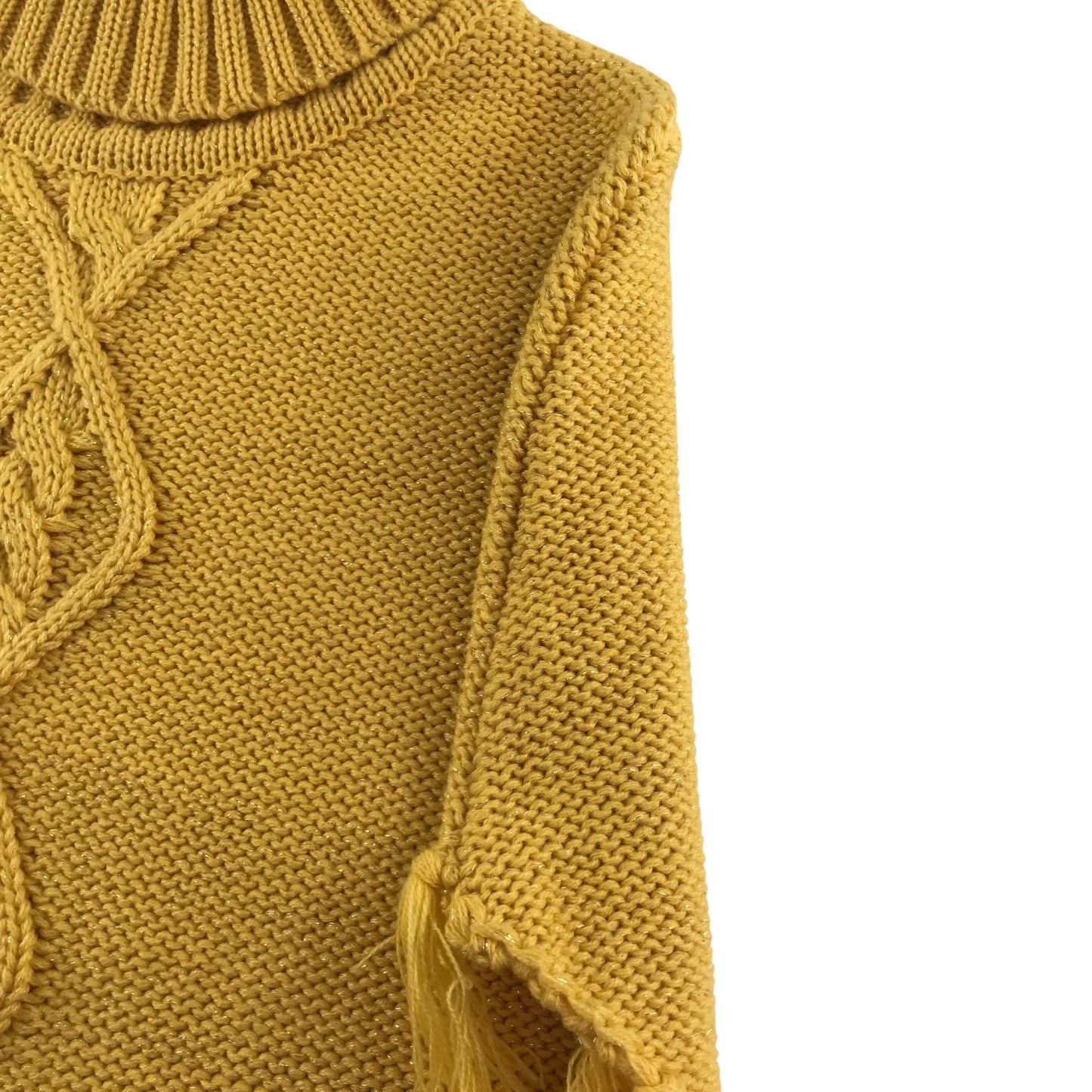 Handknitted Poncho Cropped Jumper 7-8 years Mustard Yellow with Tassels