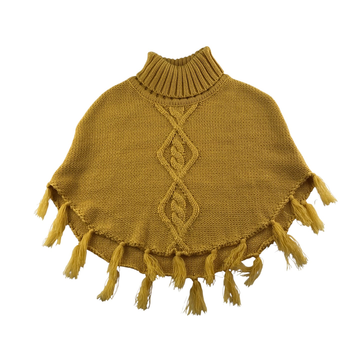 Handknitted Poncho Cropped Jumper 7-8 years Mustard Yellow with Tassels