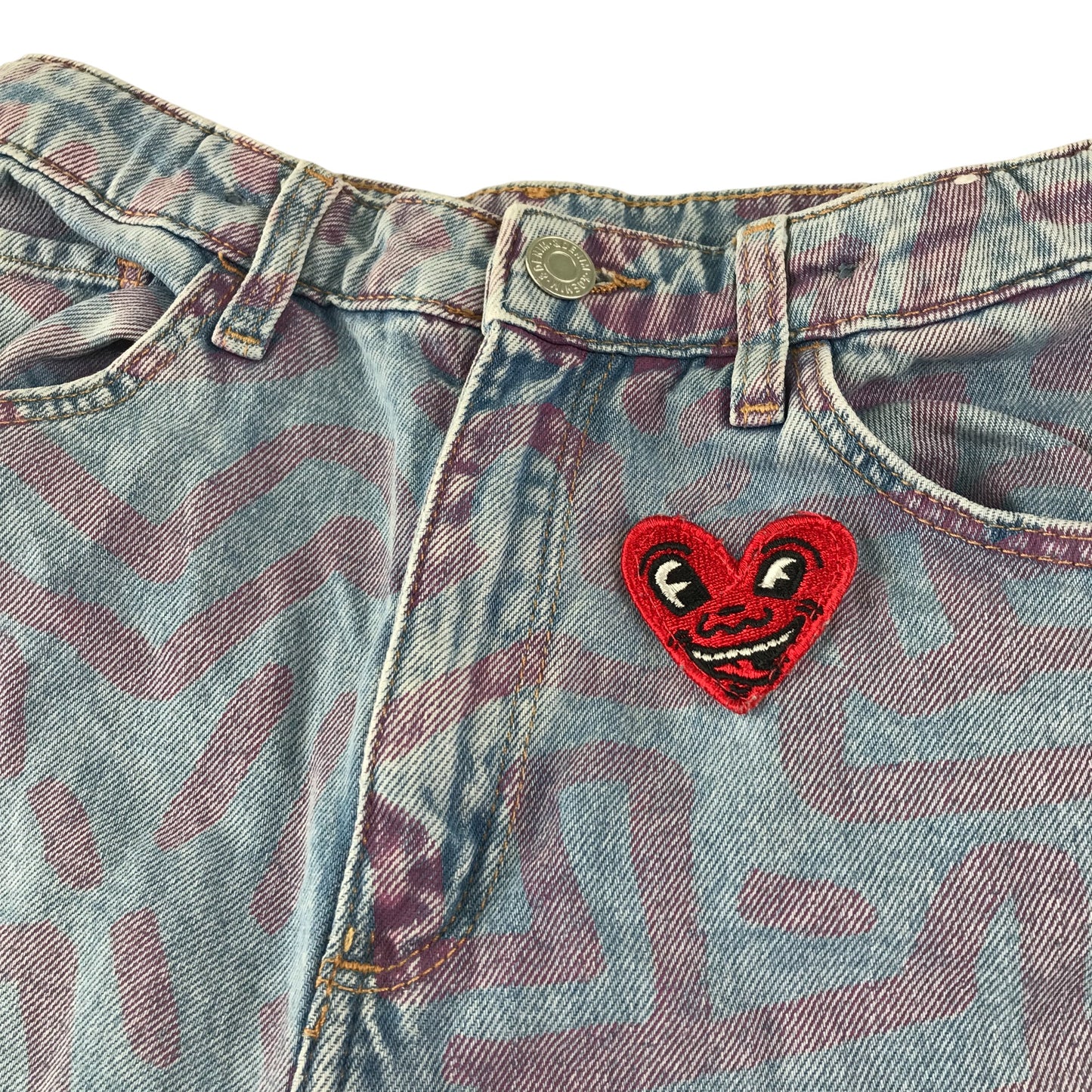 H&M x Keith Haring jean 11-12 year blue with pink graphic design and embroidered love heart patch cotton