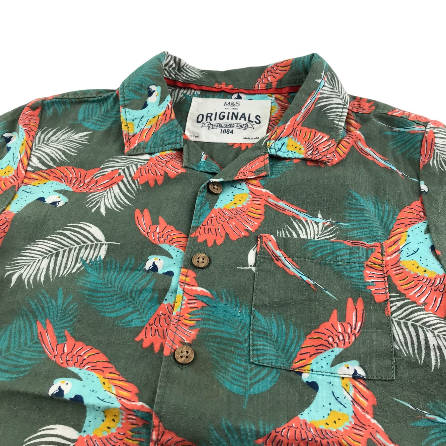 M&S shirt 6-7 years khaki parrot design cotton