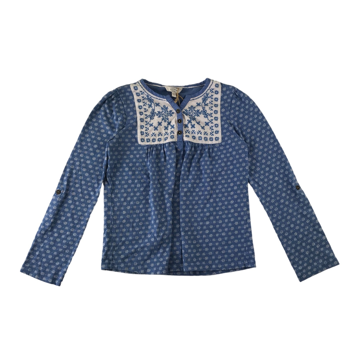 Fatface Blouse Age 10 Blue Long Sleeve Floral Embroidered Cotton