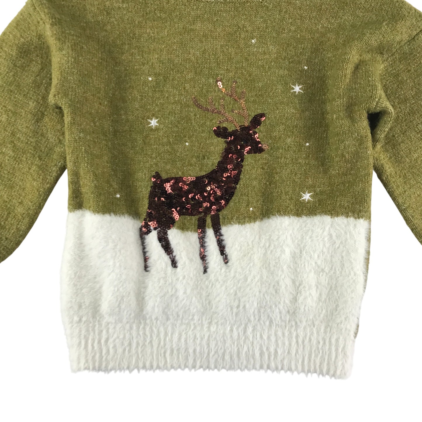 Tu Jumper 5-6 years green and white two tone with sequin deer festive