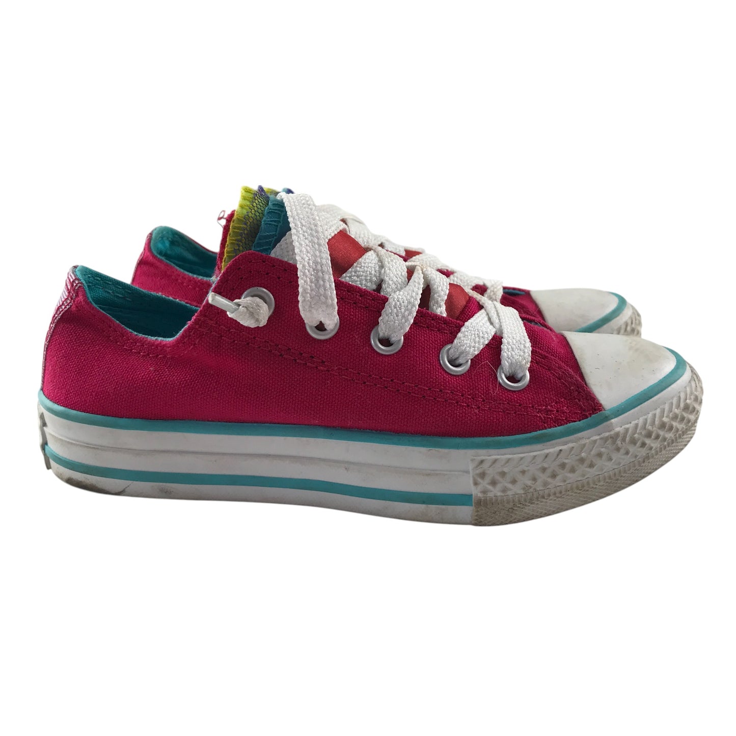 Converse trainers shoe size 12 junior fuchsia pink and multicolour low top with laces