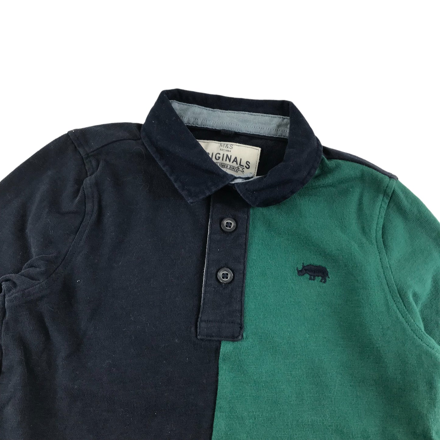 M&S Polo Shirt Age 5 Navy Green Panelled Long Sleeve Cotton