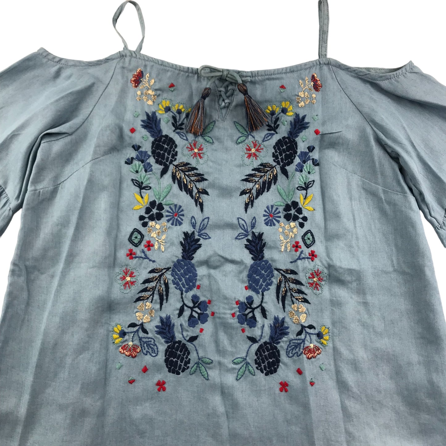 M&S Blouse Age 10 Light Blue Denim Style Floral Embroidery