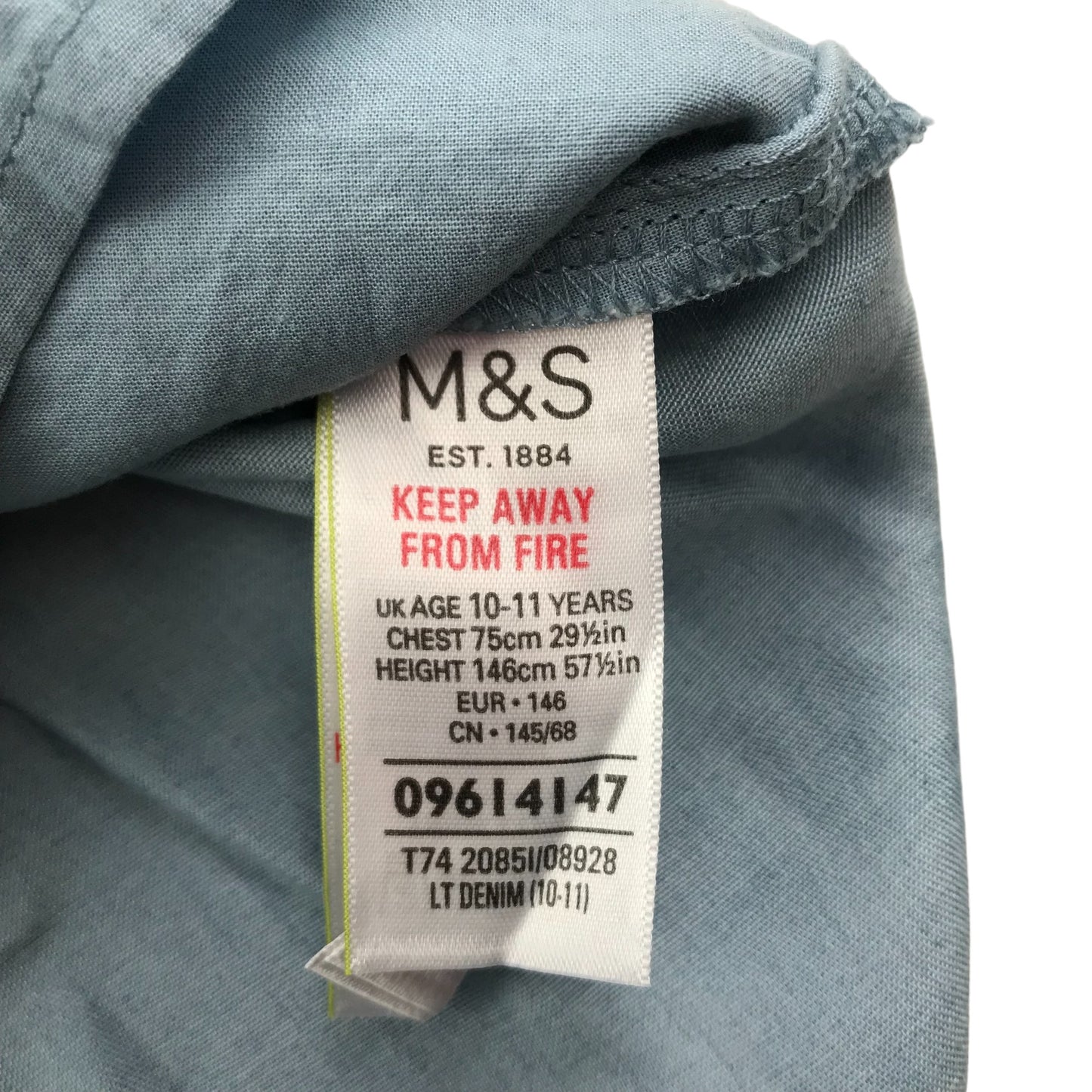 M&S Blouse Age 10 Light Blue Denim Style Floral Embroidery