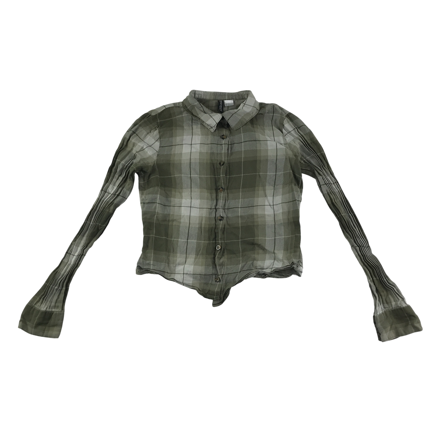 H&M Divided Shirt Womens Small Green Check Plisse Sleeve Detail Cotton