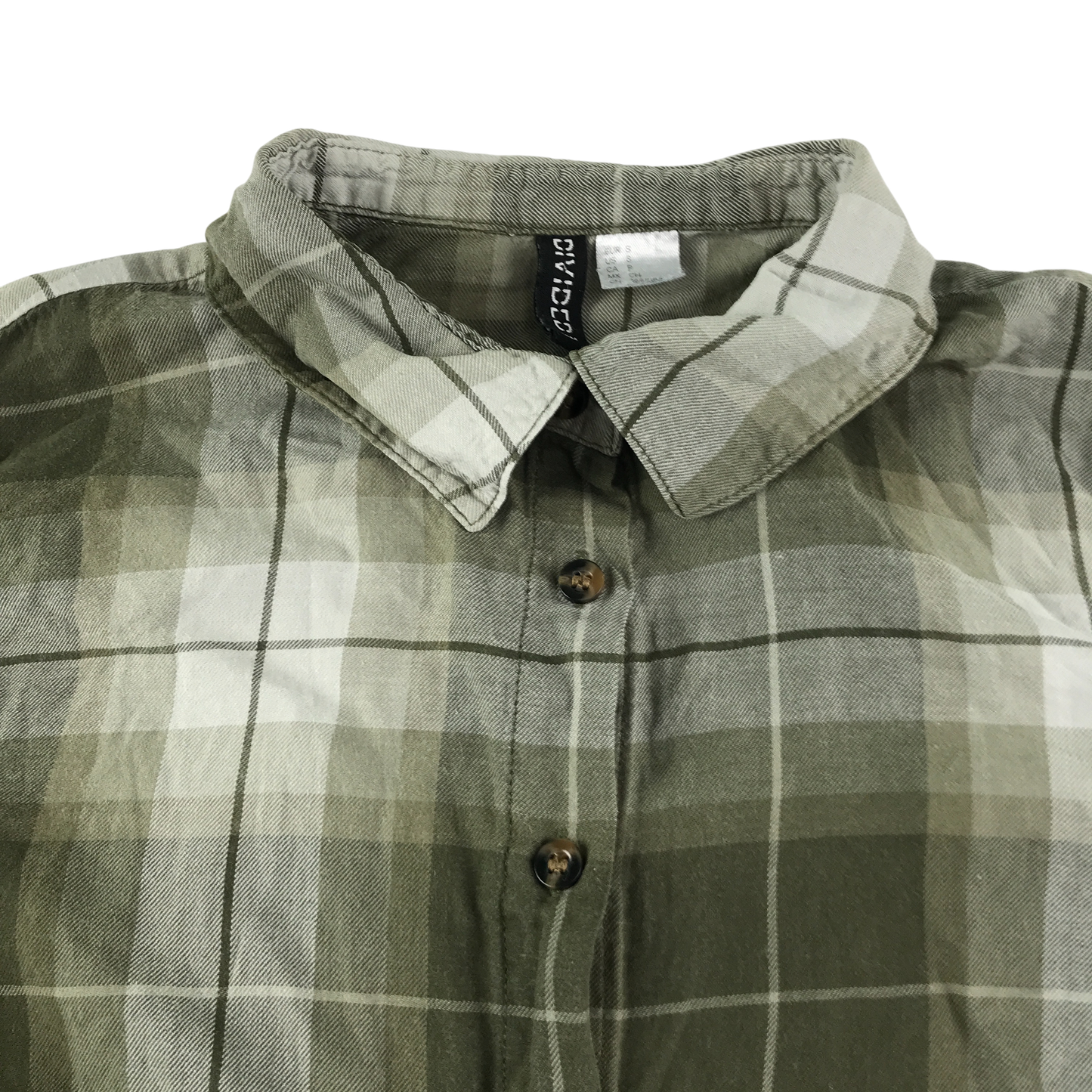 H&M Divided Shirt Womens Small Green Check Plisse Sleeve Detail Cotton
