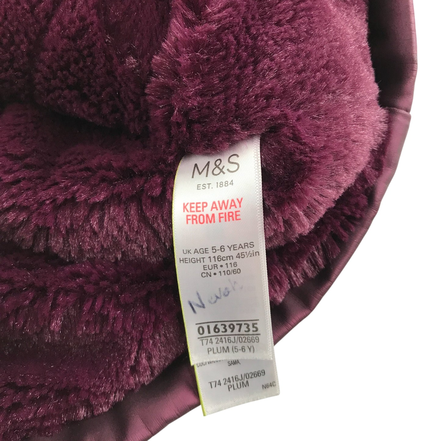 M&S Raincoat 5-6 years burgundy faux fur interior