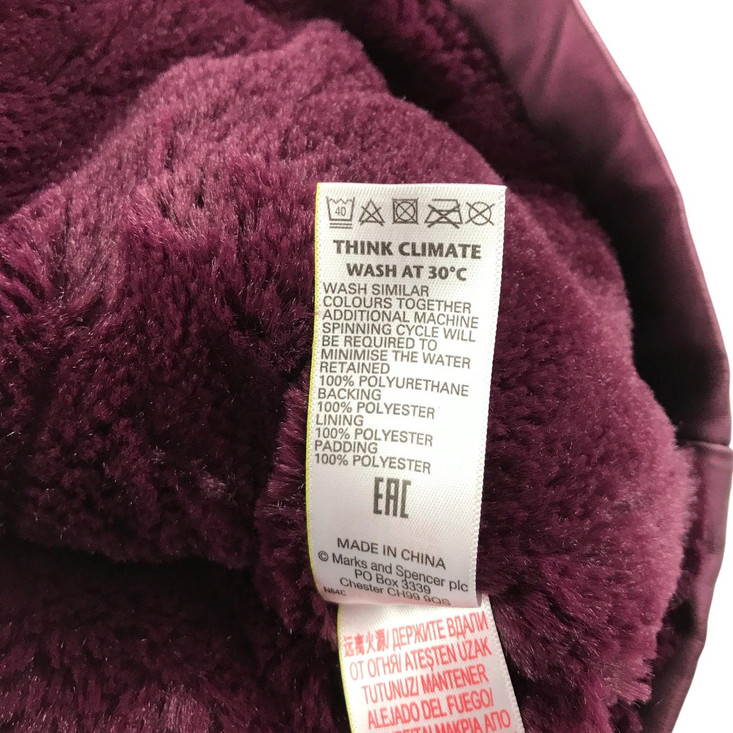 M&S Raincoat 5-6 years burgundy faux fur interior