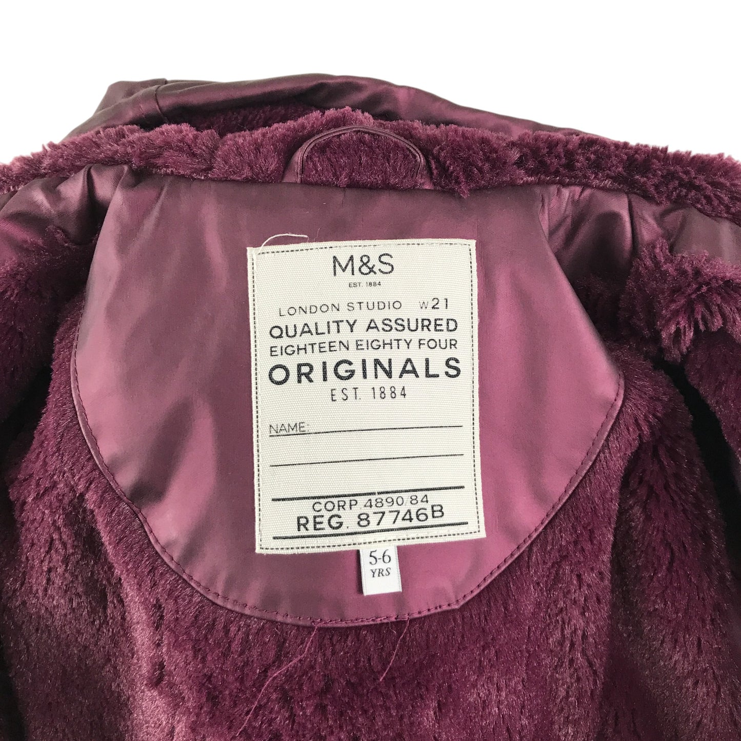 M&S Raincoat 5-6 years burgundy faux fur interior