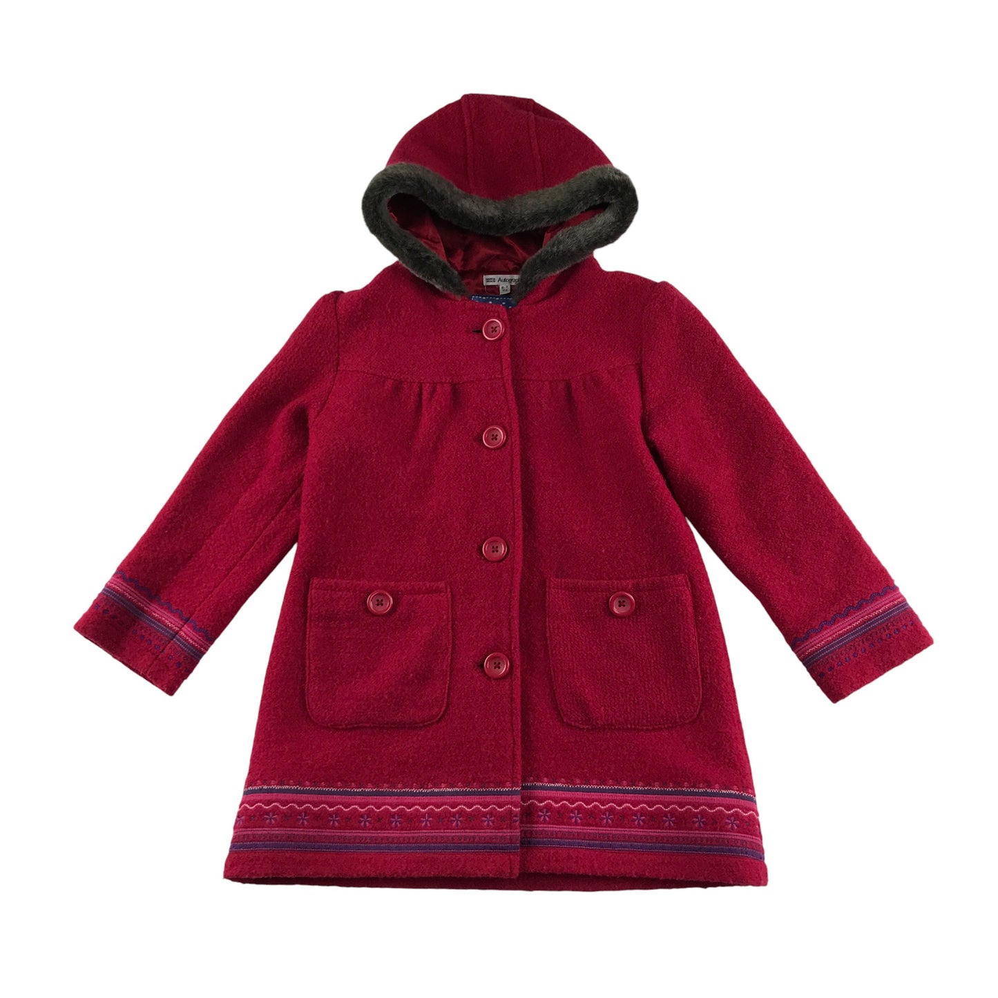 M&S coat 6-7 years red faux fur hood button up winter pattern detaling wool mix