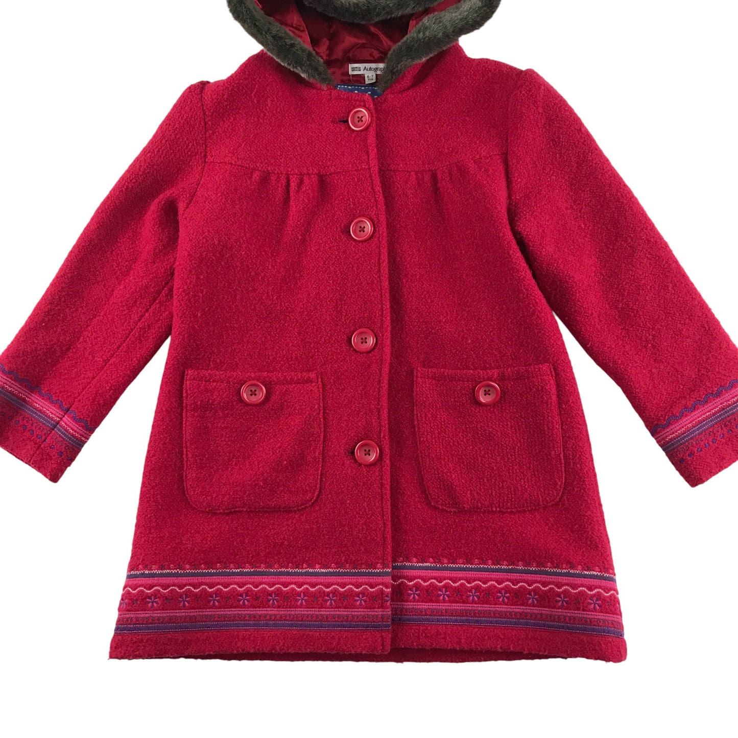 M&S coat 6-7 years red faux fur hood button up winter pattern detaling wool mix