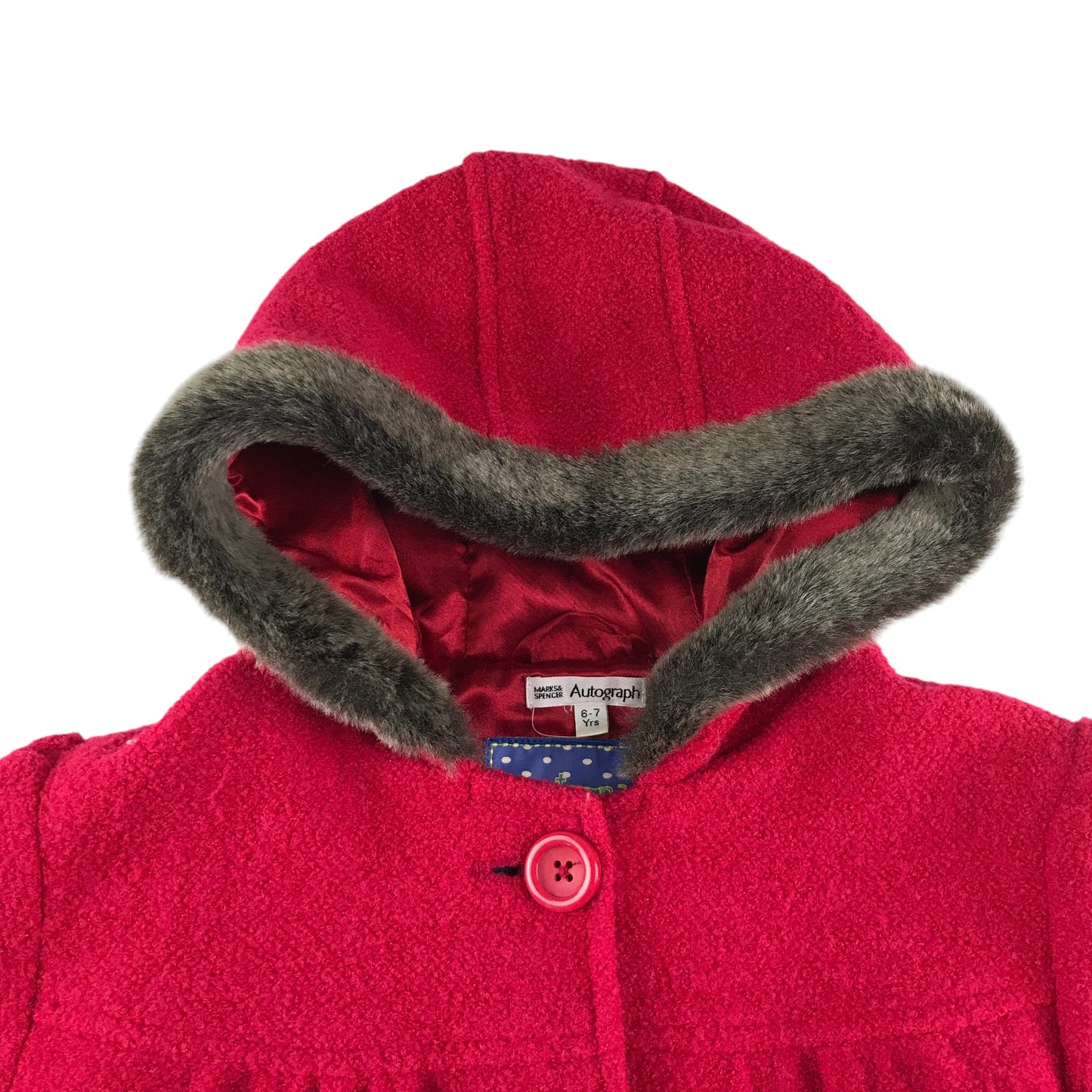 M&S coat 6-7 years red faux fur hood button up winter pattern detaling wool mix