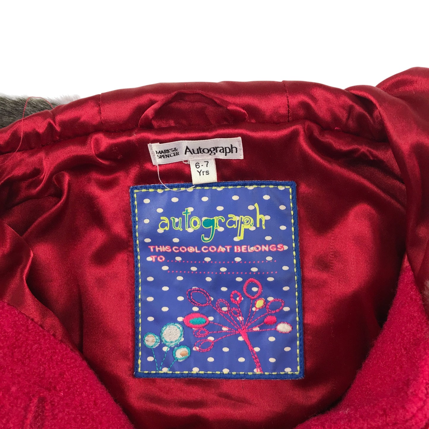 M&S coat 6-7 years red faux fur hood button up winter pattern detaling wool mix