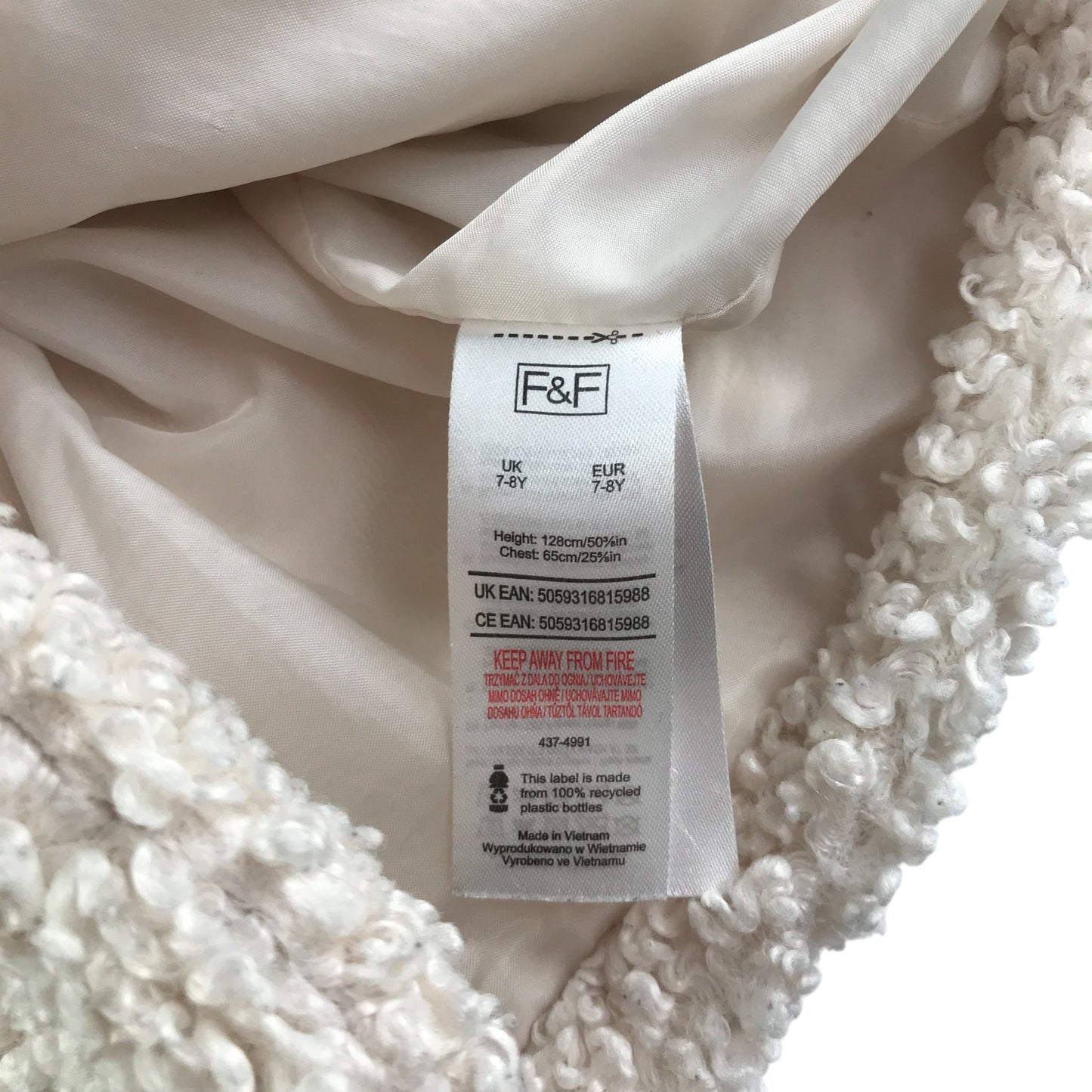 F&F coat 7-8 years white fuzzy faux fur button up