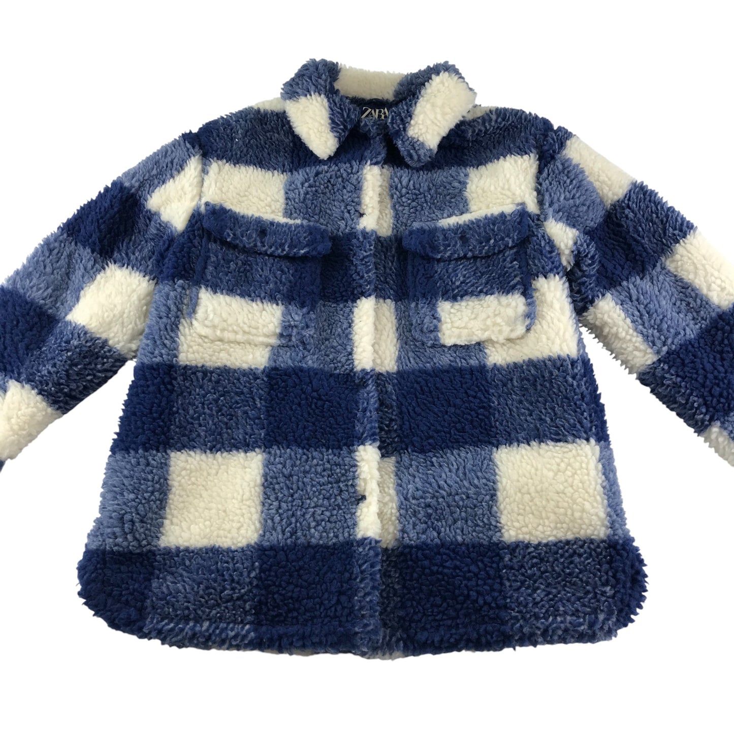 Zara coat 11-12 years blue and white two tone checked fuzzy faux fur